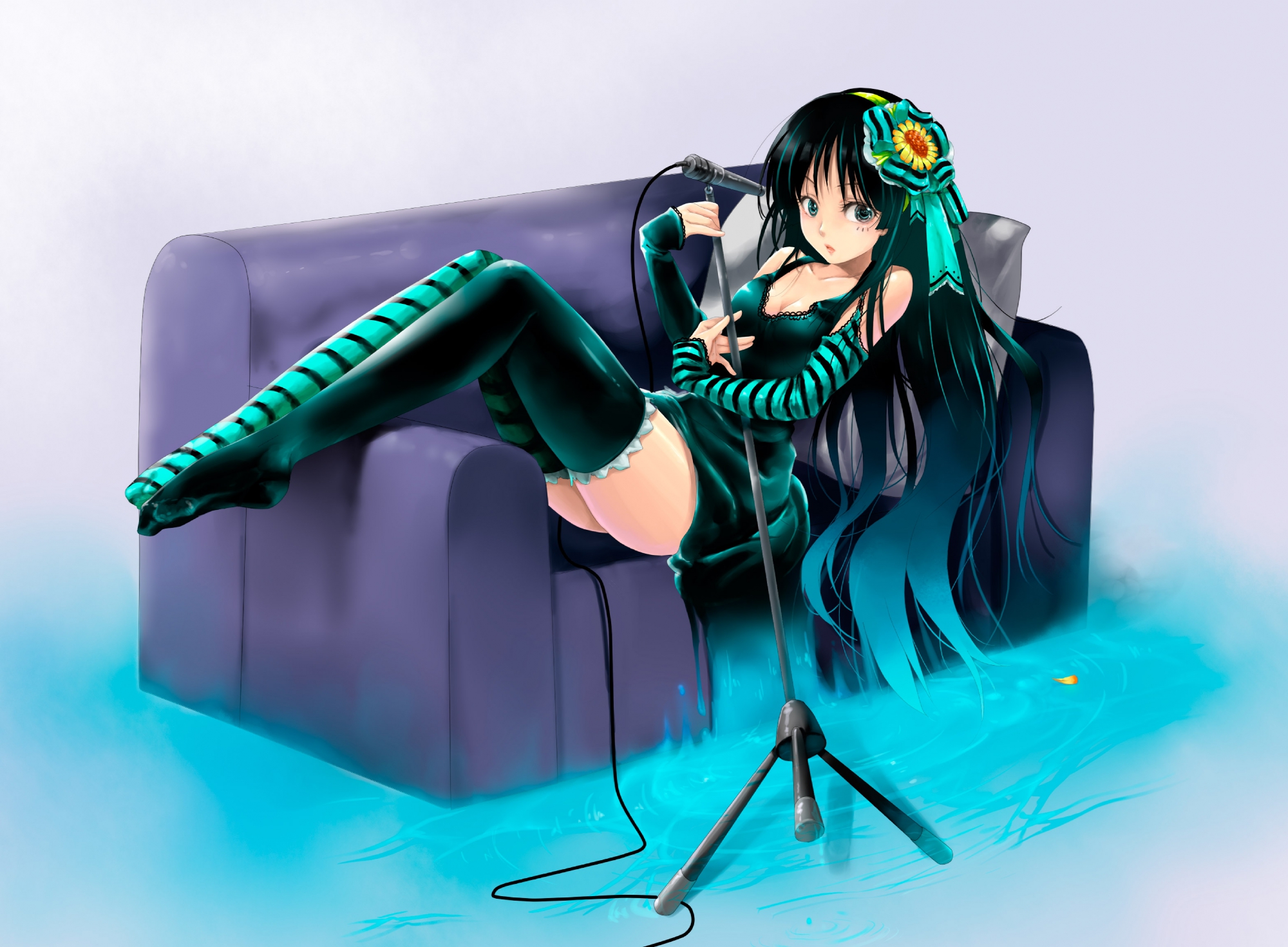 akiyama_mio, black_hair, blue_eyes, k-on!, long_hair, microphone, mikami_mika, thighhighs, water