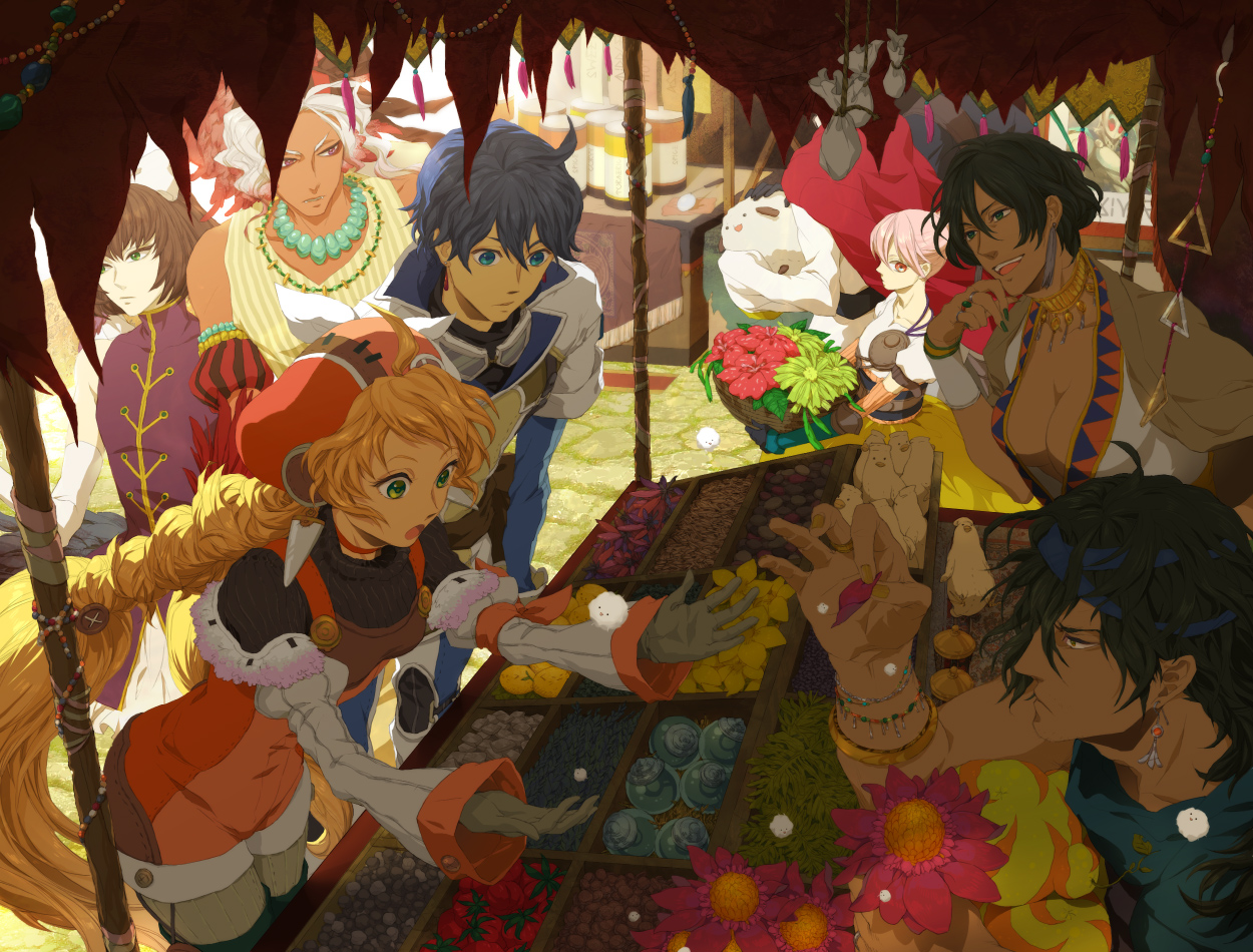 blonde_hair, blue_eyes, blue_hair, breasts, brown_hair, cleavage, elbow_gloves, flowers, food, fruit, gloves, green_eyes, green_hair, group, hat, long_hair, midori310, necklace, original, petals, pink_eyes, pink_hair, pixiv_fantasia, red_eyes, short_hair, thighhighs, white_hair