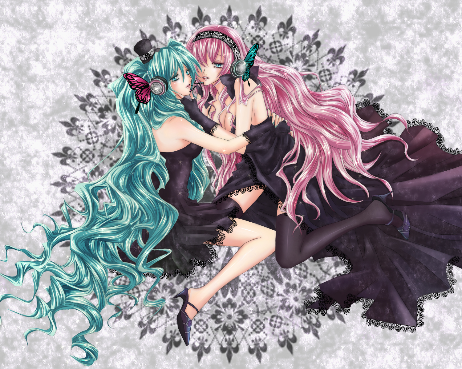 blue_eyes, blue_hair, butterfly, dress, hat, hatsune_miku, headphones, long_hair, magnet_(vocaloid), megurine_luka, mizuiro_tomato, pink_hair, thighhighs, twintails, vocaloid