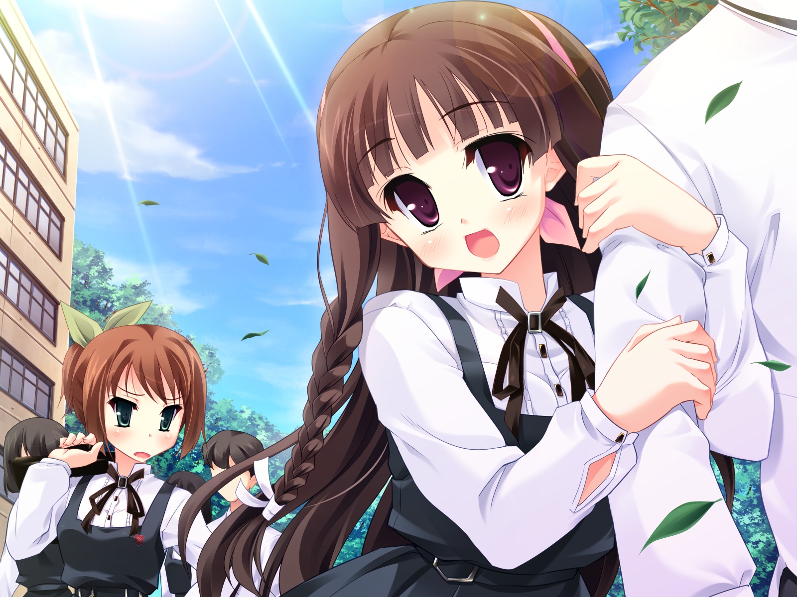 brown_eyes, brown_hair, clouds, game_cg, green_eyes, hachikazuki_chizuru, harukazedori_ni_tomarigi_wo_2nd_story, kawakoshi_saeko, leaves, long_hair, ribbons, school_uniform, short_hair, sky, skyfish