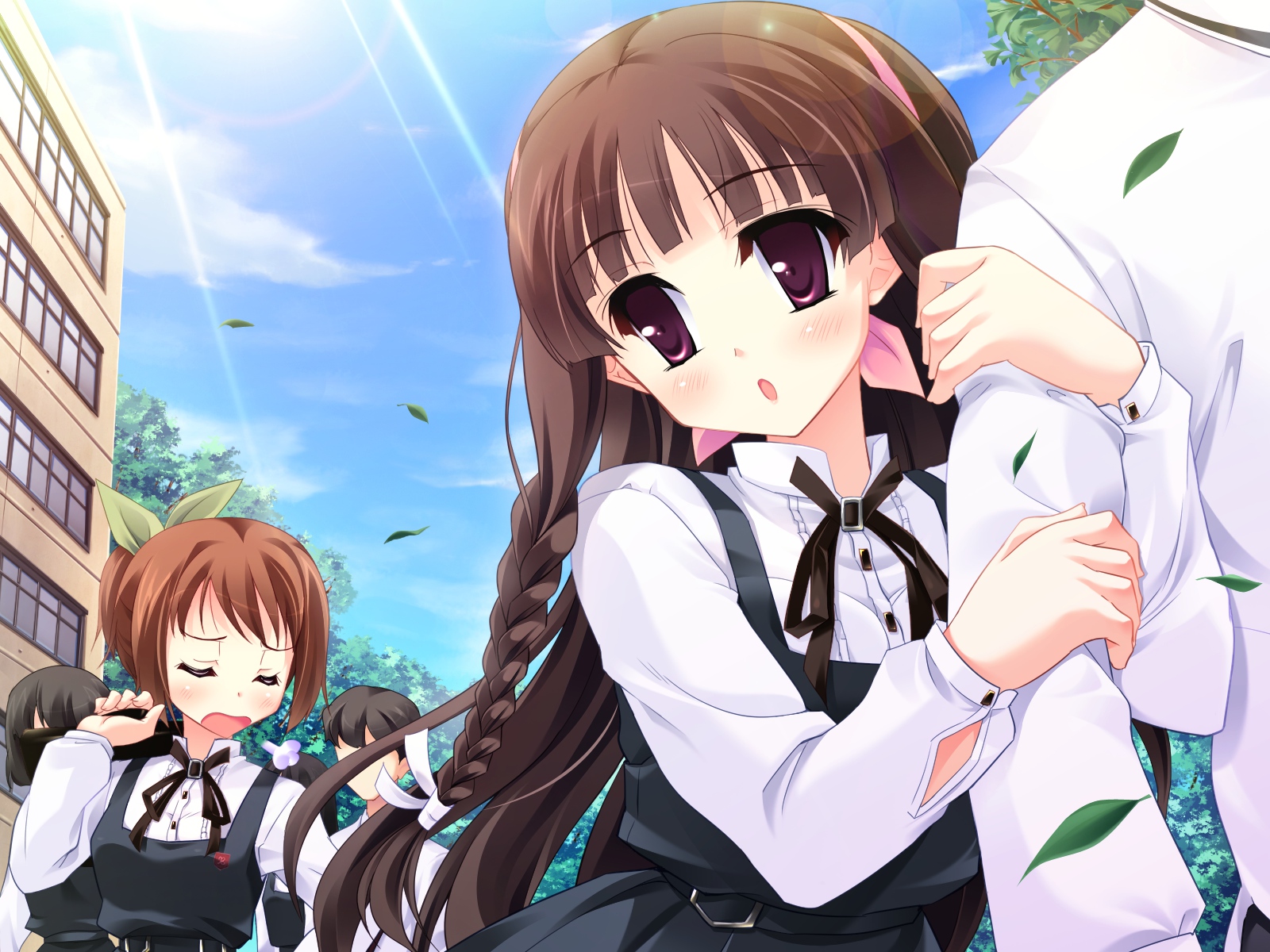 brown_eyes, brown_hair, clouds, game_cg, hachikazuki_chizuru, harukazedori_ni_tomarigi_wo_2nd_story, kawakoshi_saeko, leaves