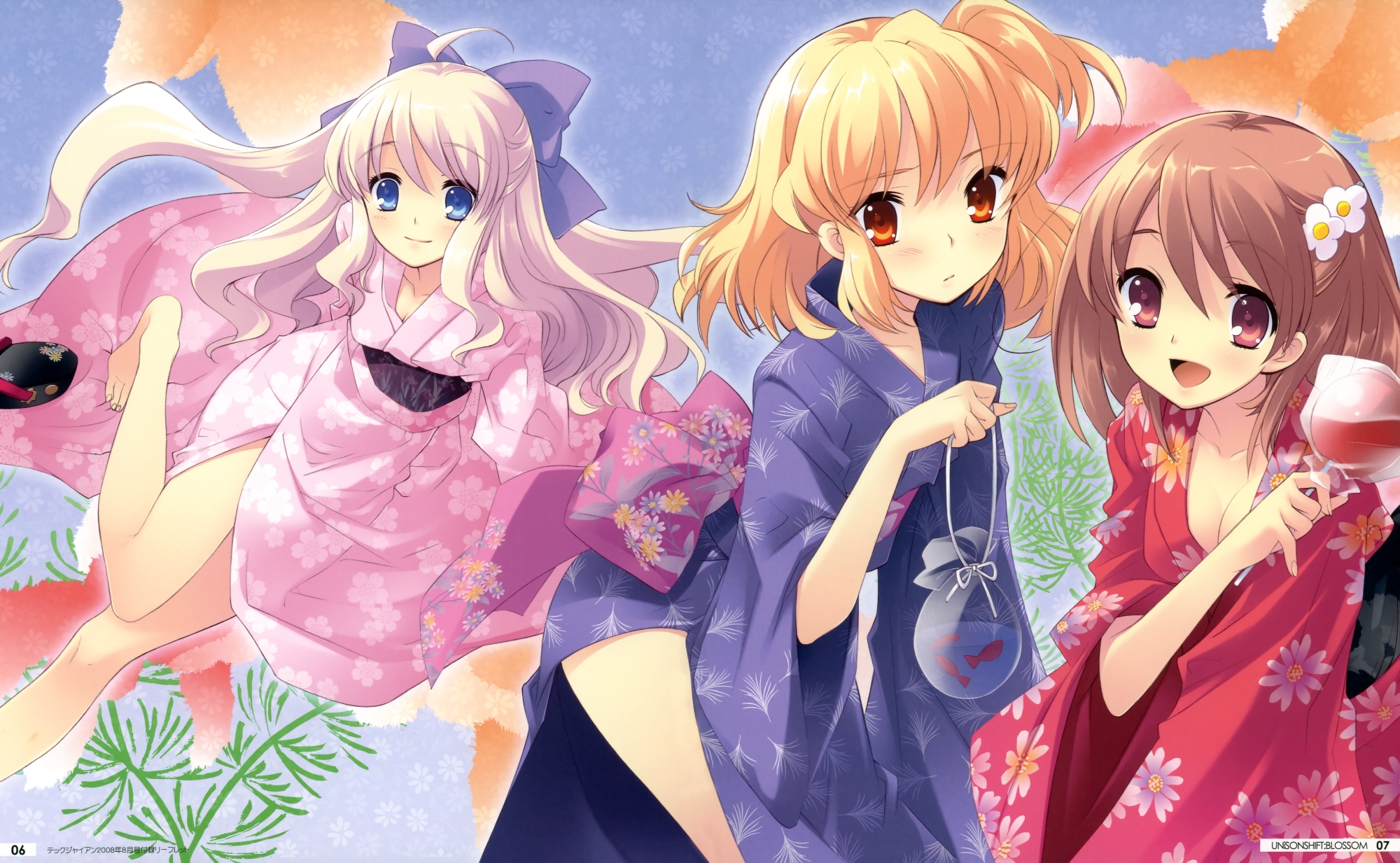 blush, breasts, cleavage, flyable_heart, inaba_yui, itou_noiji, japanese_clothes, minase_sakurako