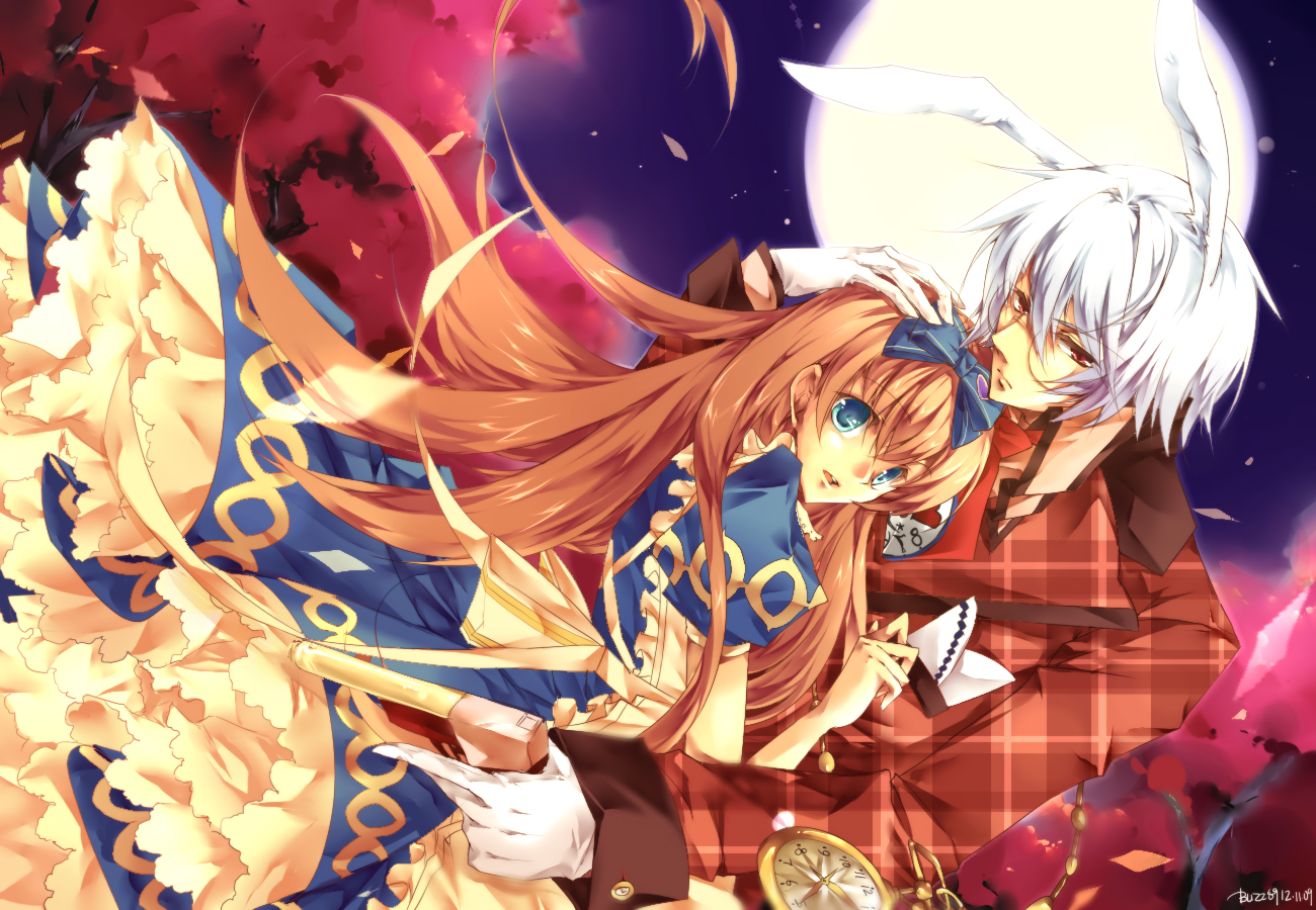 alice_in_the_country_of_hearts, alice_in_wonderland, alice_(wonderland), animal_ears, blonde_hair, blue_eyes, bow, bunny_ears, dress, gun, long_hair, male, moon, peter_white, red_eyes, signed, tree, weapon, white_hair