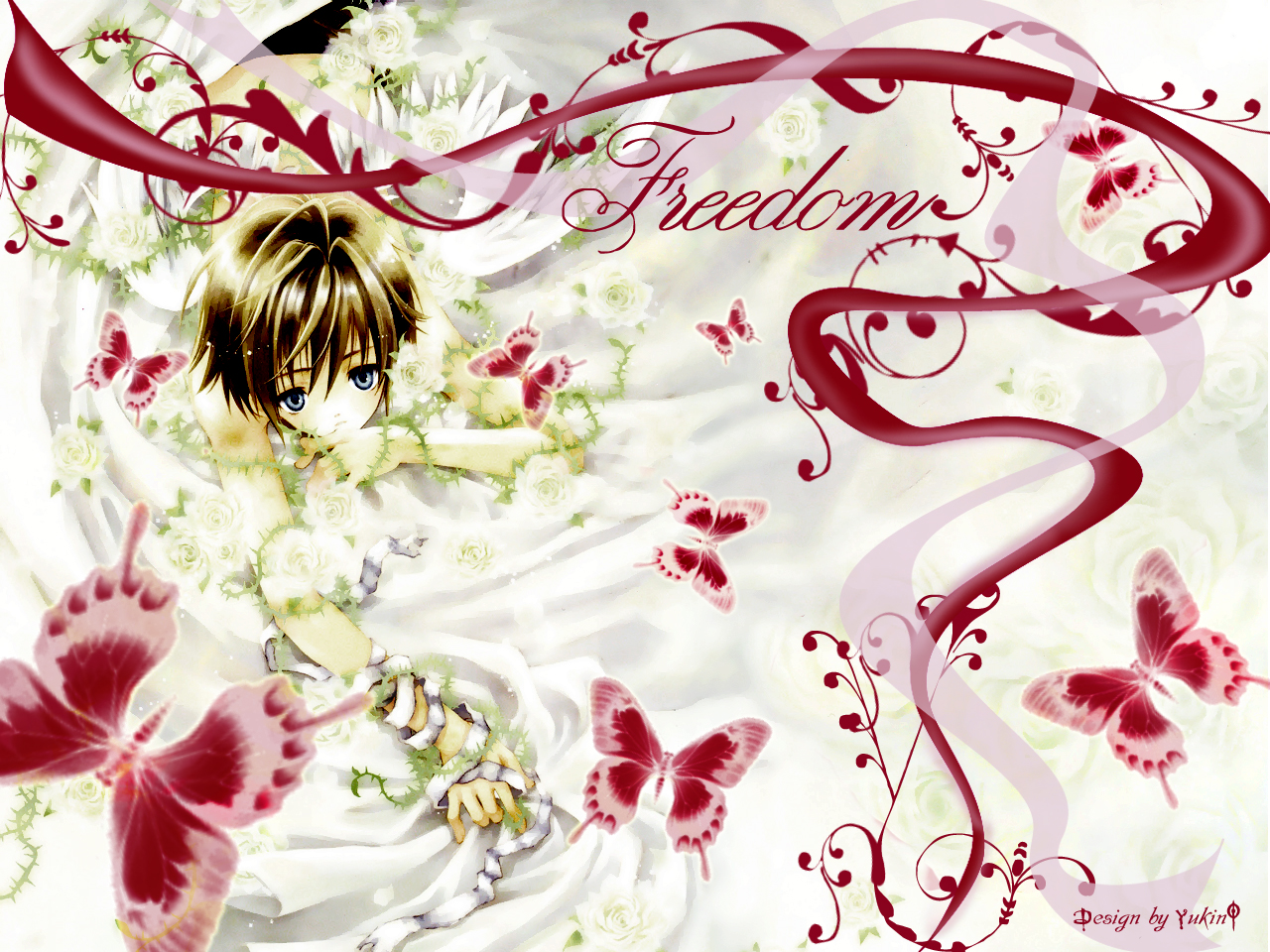 adumi_tohru, angel, bandage, brown_hair, butterfly, flowers, gray_eyes, short_hair