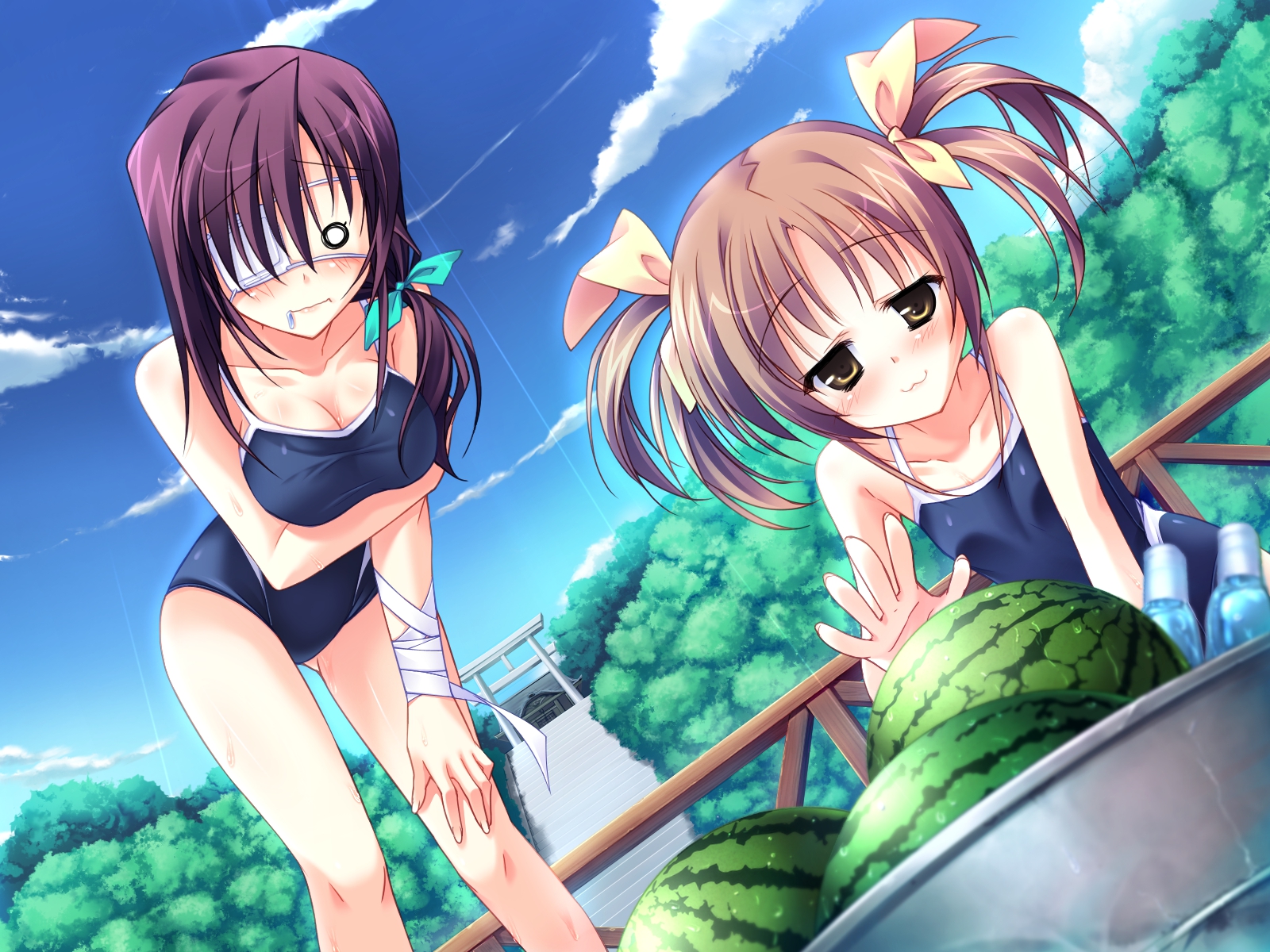 breasts, cleavage, clouds, eyepatch, food, game_cg, green_eyes, hanasaki_uri