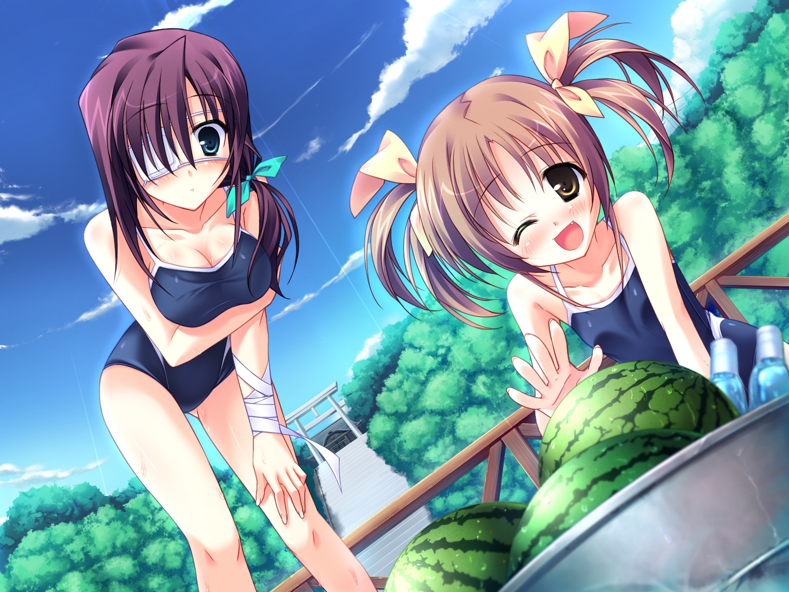 breasts, cleavage, clouds, eyepatch, food, game_cg, green_eyes, hanasaki_uri