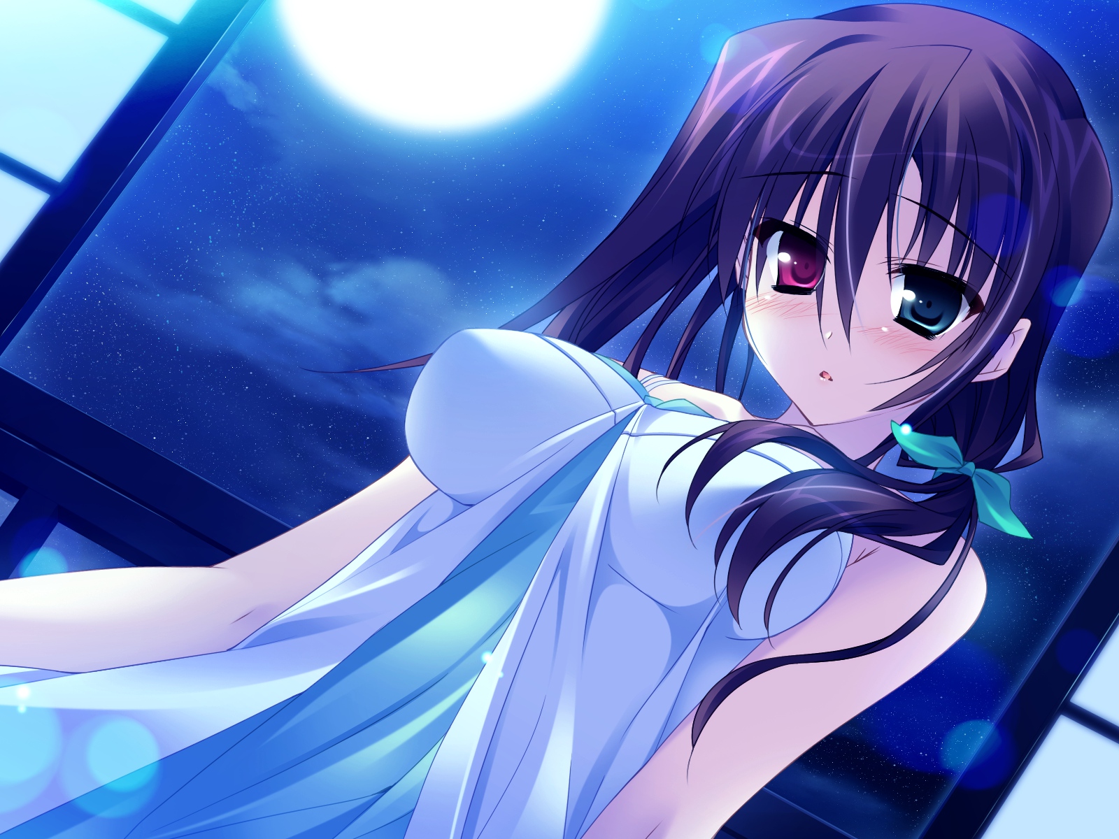bicolored_eyes, blush, game_cg, hanasaki_uri, harukazedori_ni_tomarigi_wo_2nd_story, moon, night, purple_hair