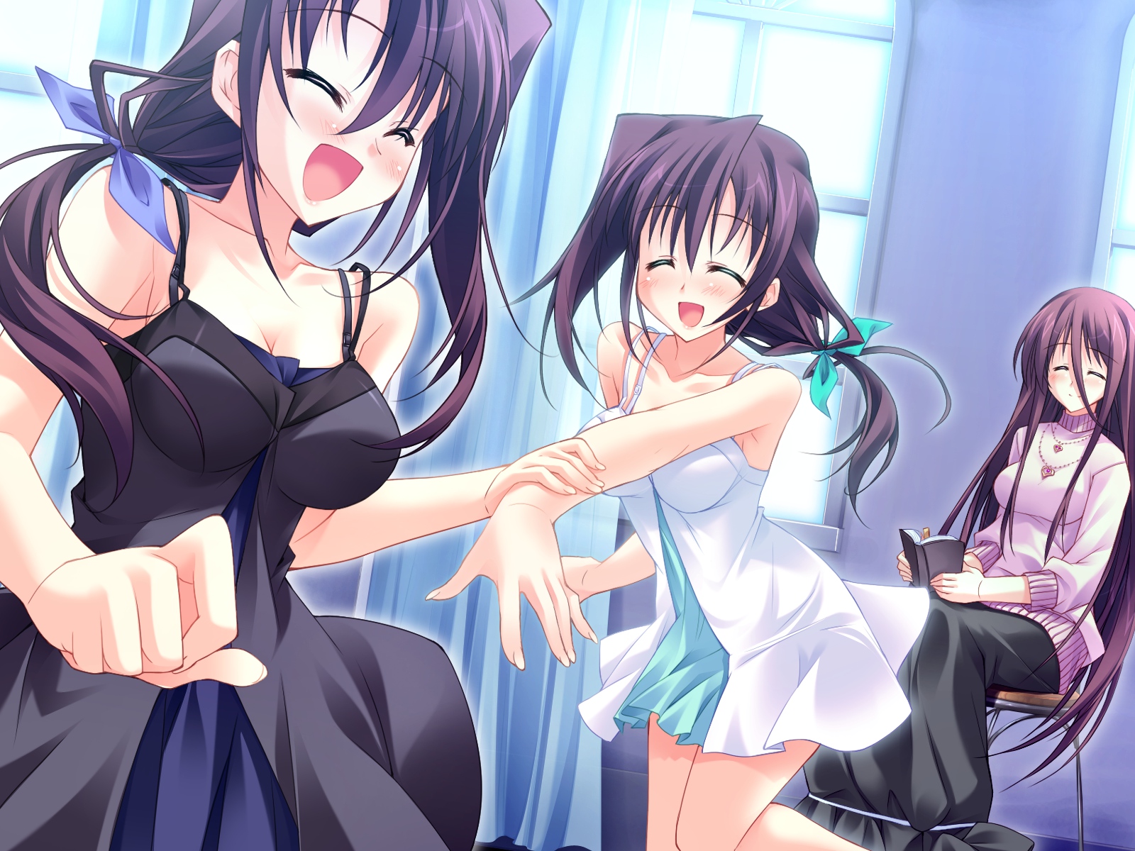 blush, book, dress, game_cg, hanasaki_uri, harukazedori_ni_tomarigi_wo_2nd_story, long_hair, purple_hair, short_hair, skyfish