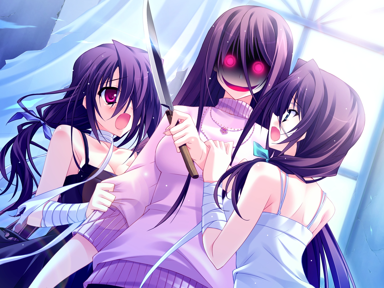 blush, game_cg, green_eyes, hanasaki_uri, harukazedori_ni_tomarigi_wo_2nd_story, knife, long_hair, purple_hair, red_eyes, skyfish, tears