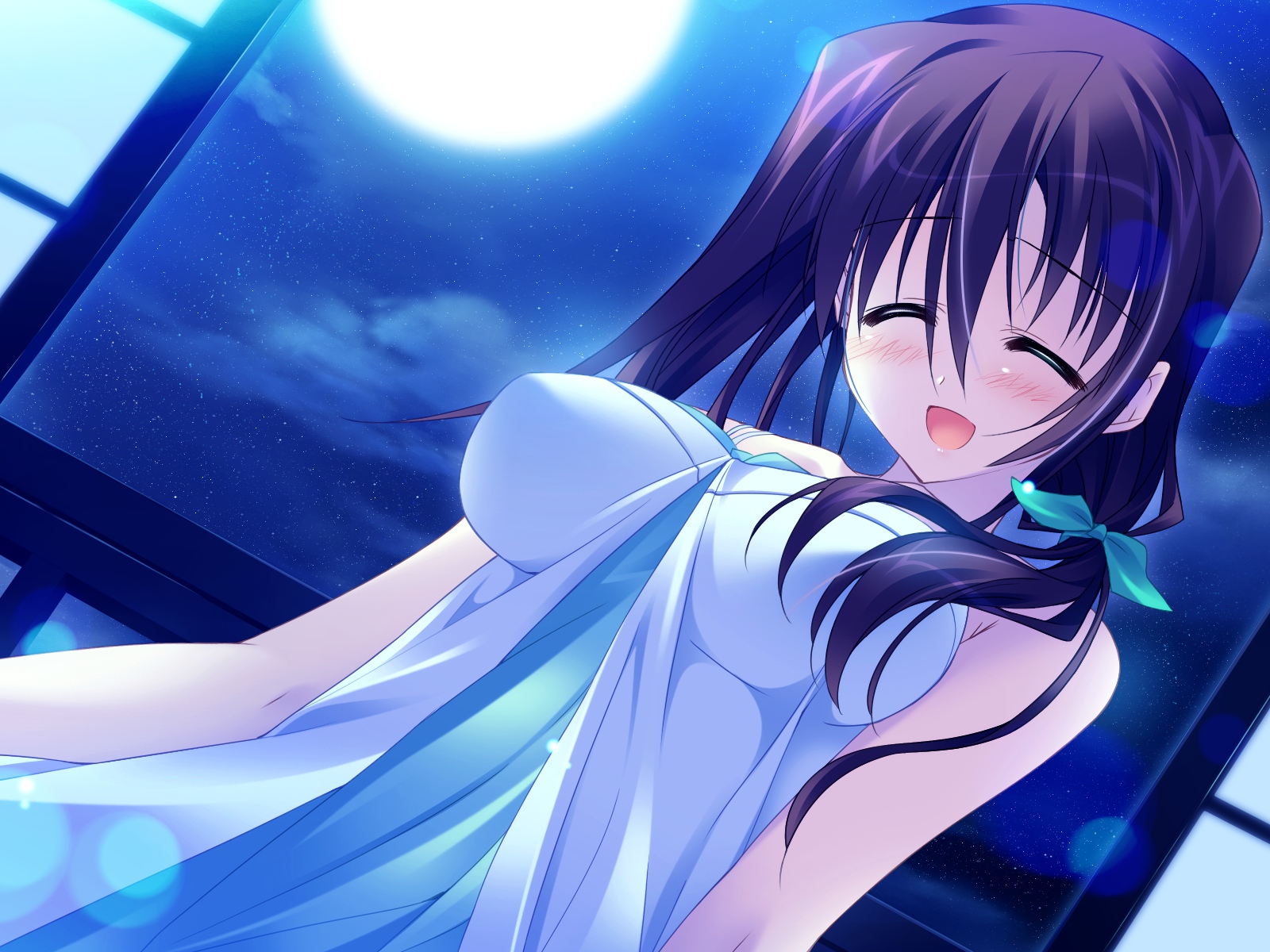 blush, game_cg, hanasaki_uri, harukazedori_ni_tomarigi_wo_2nd_story, moon, night, purple_hair, short_hair