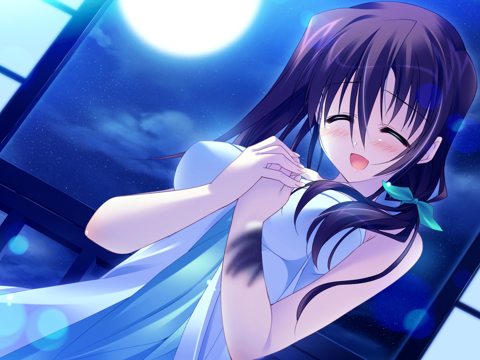 blush, game_cg, hanasaki_uri, harukazedori_ni_tomarigi_wo_2nd_story, moon, night, purple_hair, short_hair