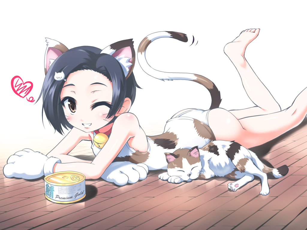 animal, animal_ears, barefoot, bell, blush, cat, catgirl, gloves