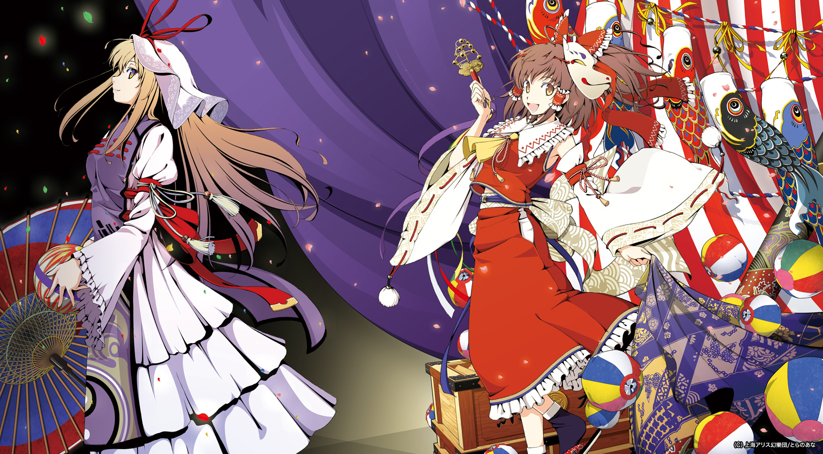 azuma_syoujuan, blonde_hair, brown_hair, dress, hakurei_reimu, hat, japanese_clothes, long_hair