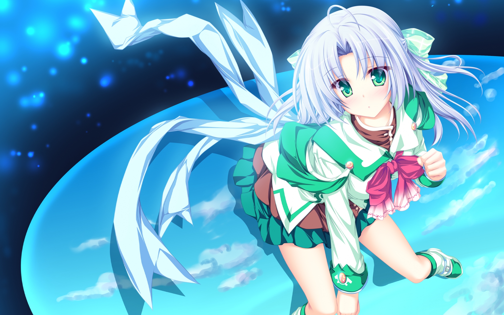 alicia_infans, blue_hair, green_eyes, magus_tale, school_uniform, skirt, tenmaso, whirlpool