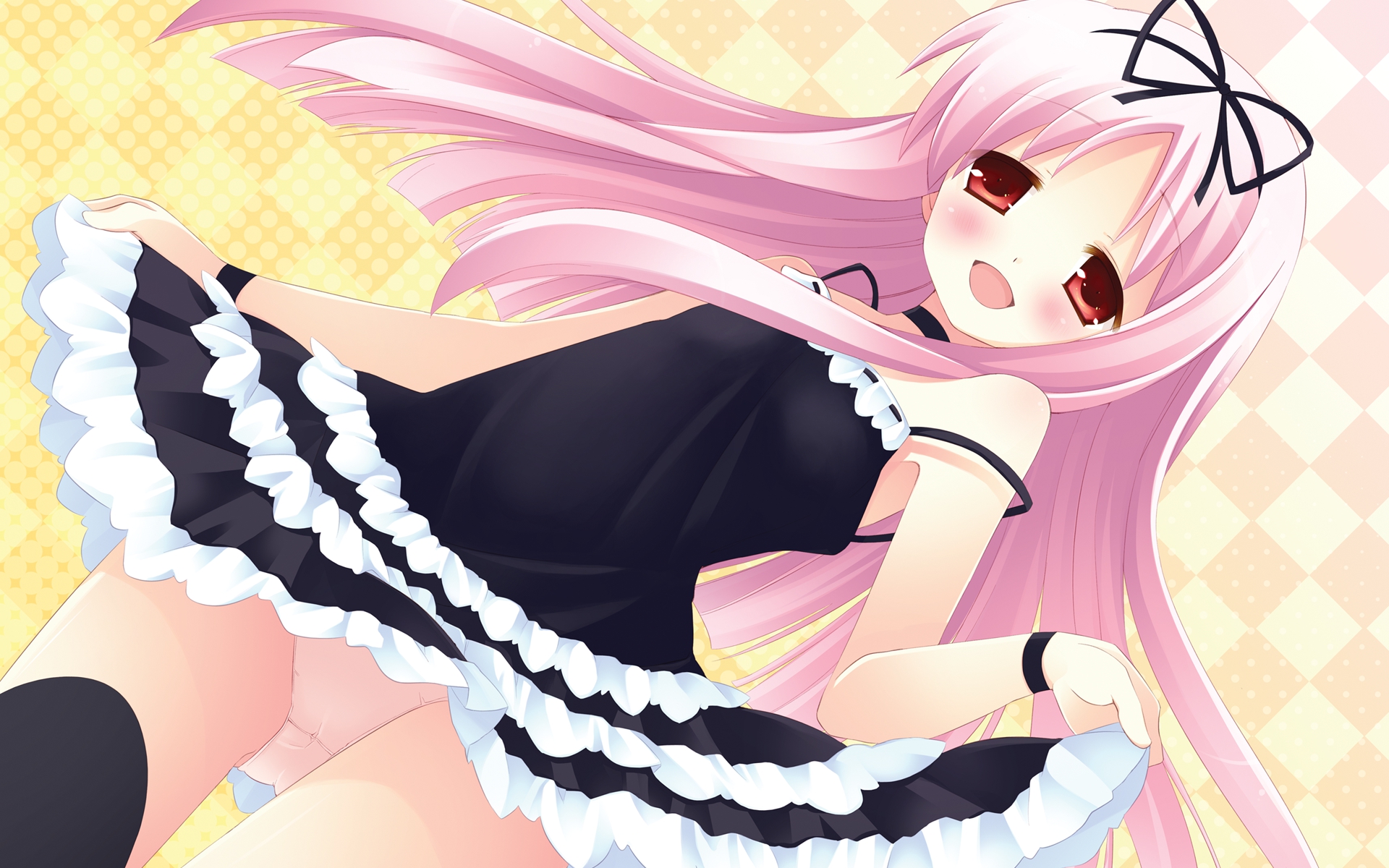 blush, dress, garden_(galge), himemiya_ruri, long_hair, natsume_eri, panties, pink_hair