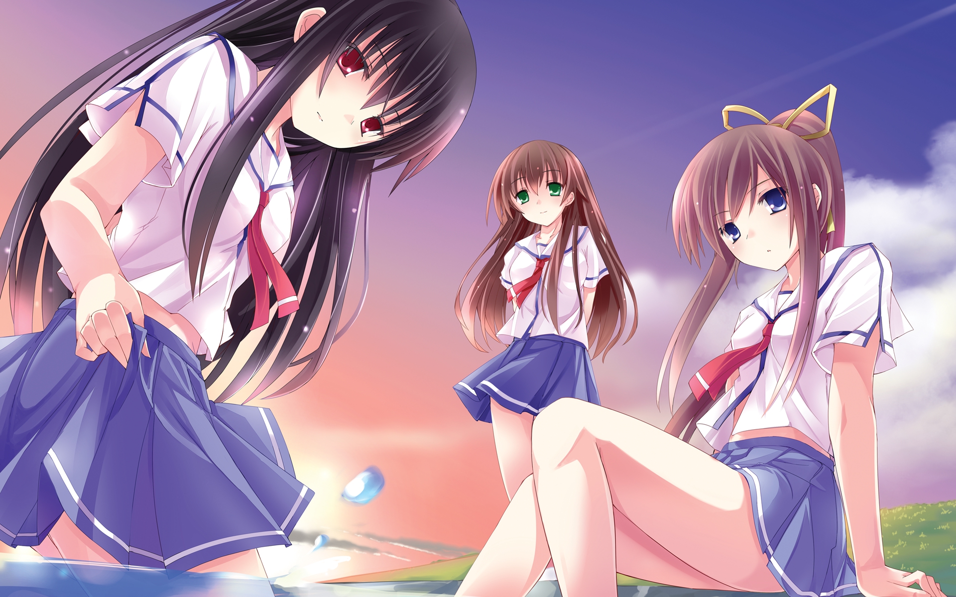 black_hair, blue_eyes, brown_hair, clouds, green_eyes, itou_hinako, miyazawa_midori, mutou_kurihito
