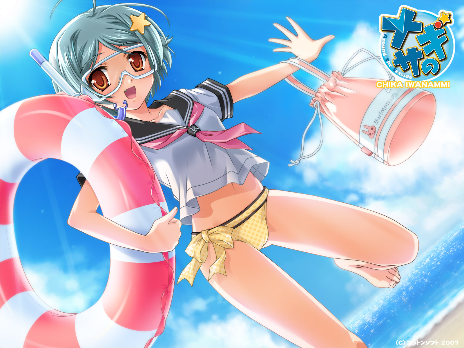 beach, iwanami_chika, nagisano, short_hair, swim_ring, swimsuit