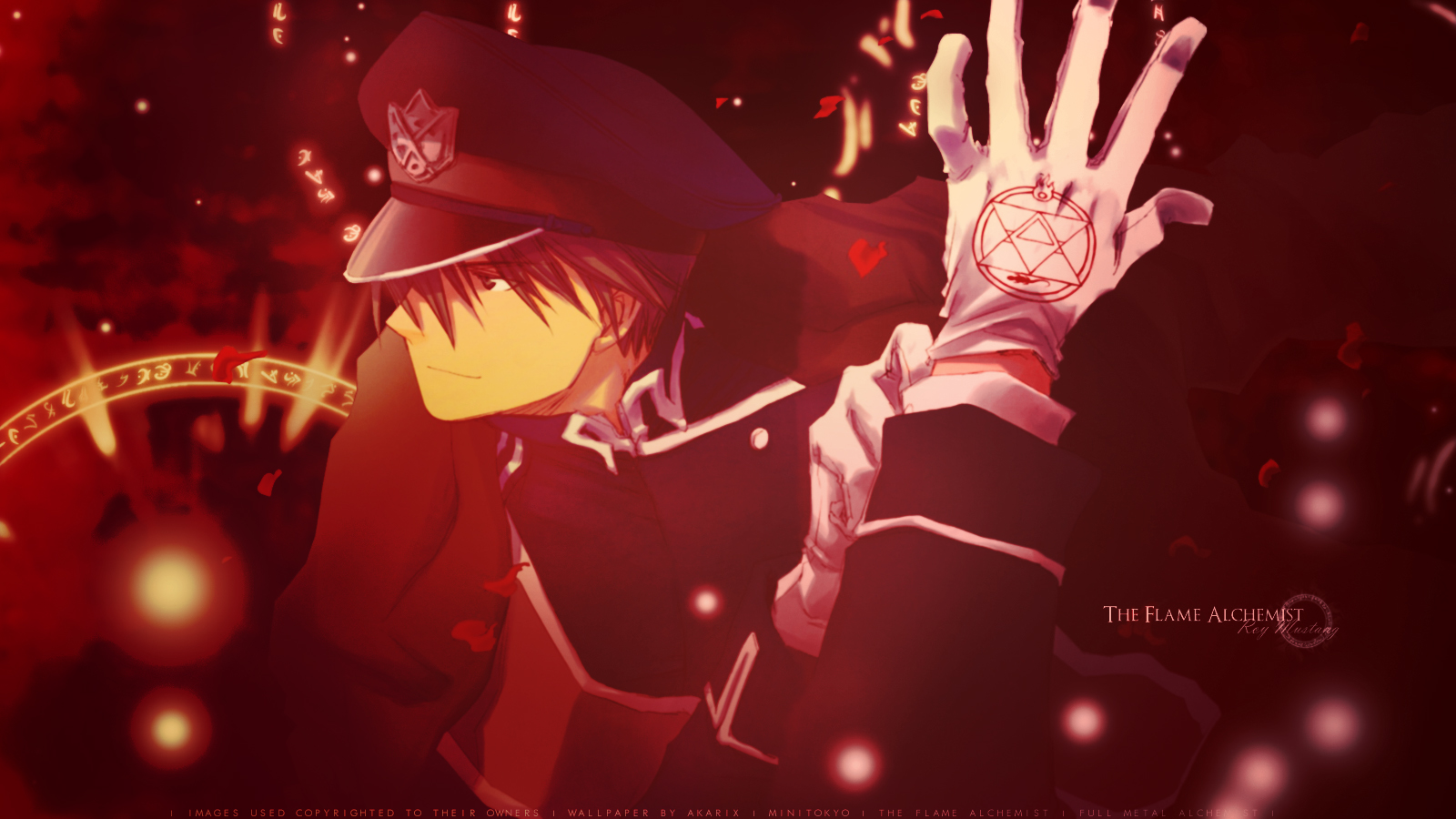 all_male, fullmetal_alchemist, gloves, hat, magic, male, red, roy_mustang