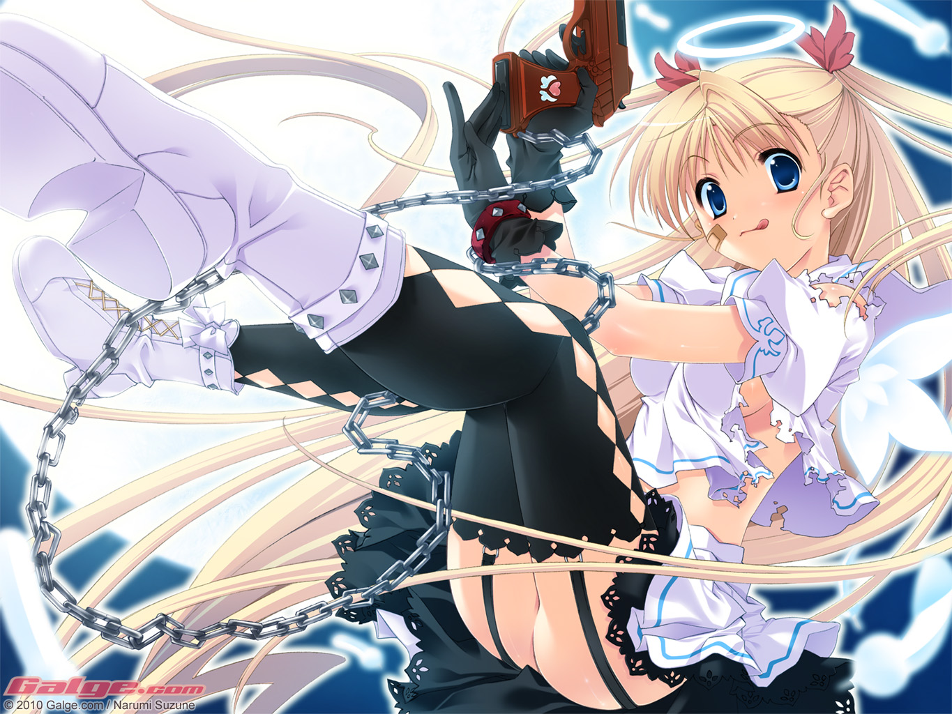 blonde_hair, blue_eyes, breasts, chain, galge.com, gloves, gun, halo, logo, long_hair, narumi_suzune, ribbons, school_uniform, sideboob, stockings, torn_clothes, weapon