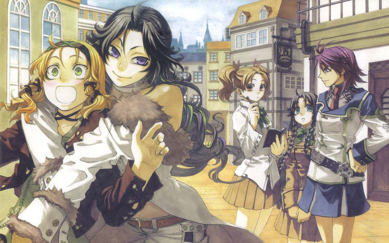 alcheilla_almonis, black_hair, blonde_hair, braids, brown_hair, chrome_shelled_regios, hug, leerin_marfes, long_hair, mayshen_torinden, mifi_rotten, miyuu, naruki_gerni, purple_hair, school_uniform, short_hair, skirt, twintails, uniform
