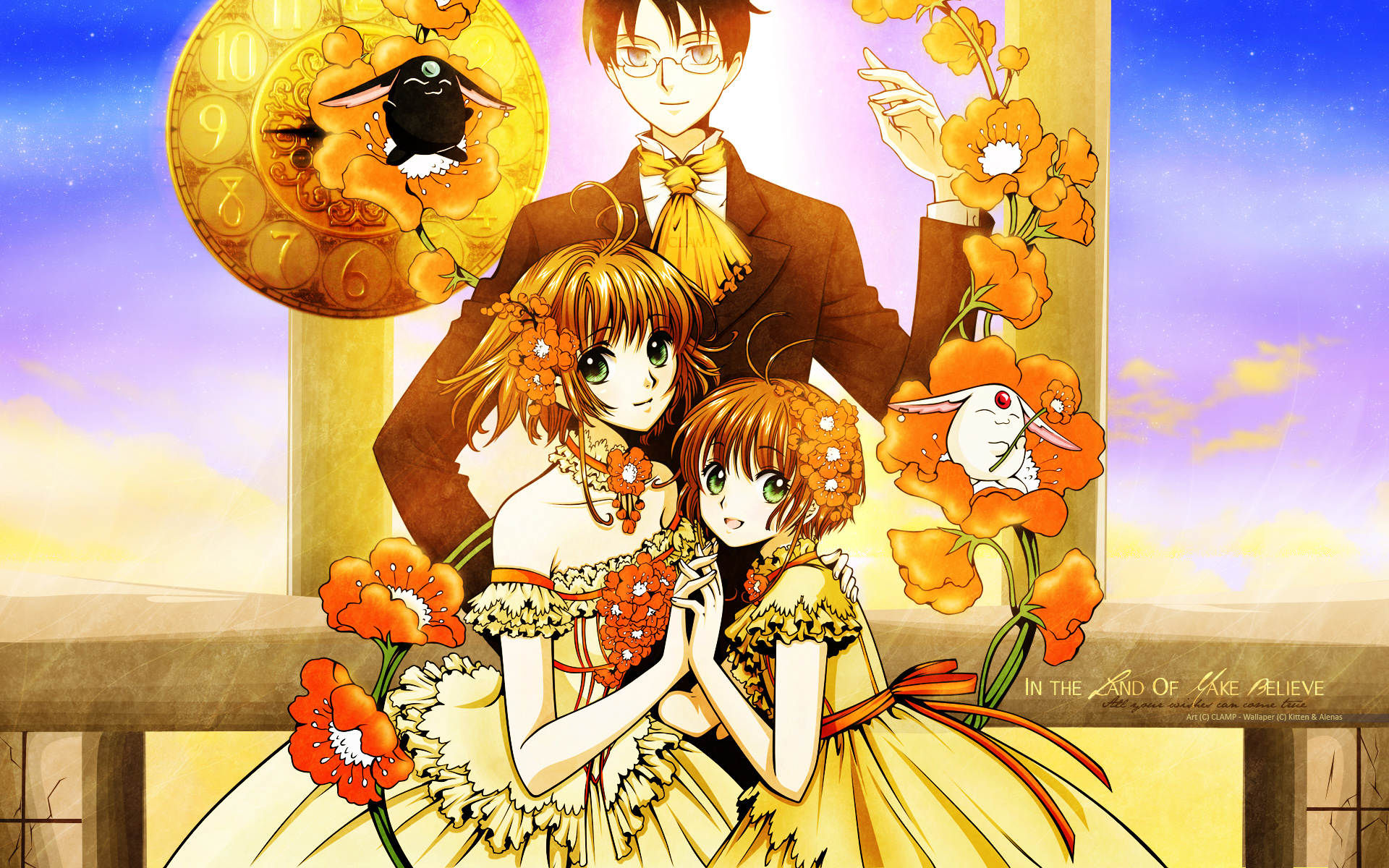 black_hair, blue_eyes, brown_hair, card_captor_sakura, clamp, dress, flowers, glasses