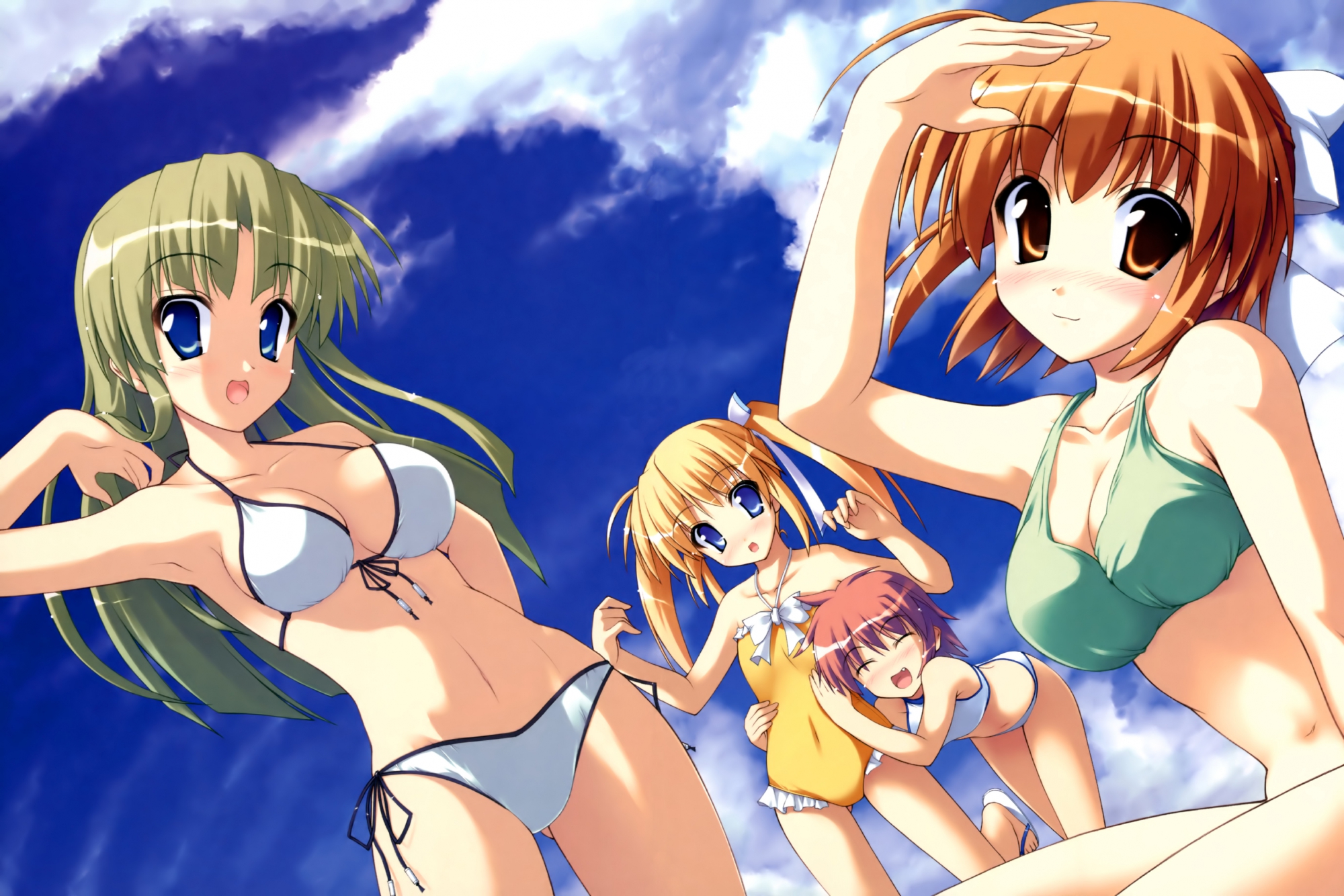 bikini, blush, fang, fujiwara_tomoe, hinohara_homura, kannagi_kotoko, onsoku_zekuu, orihime_renka, scan, swimsuit, utatemeguri