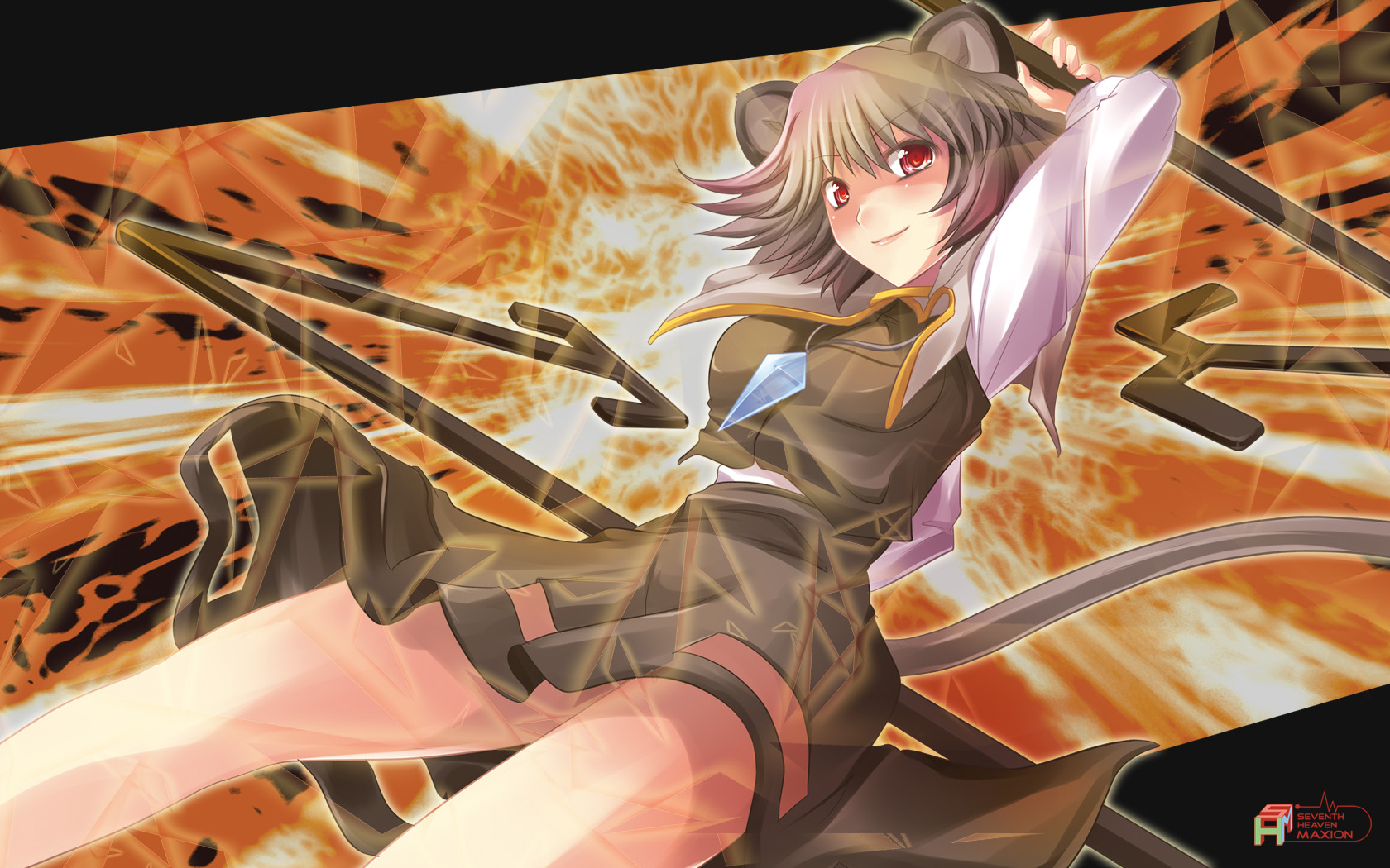 animal_ears, gray_hair, maki_(artist), mousegirl, nazrin, red_eyes, short_hair, skirt, tail, touhou, weapon