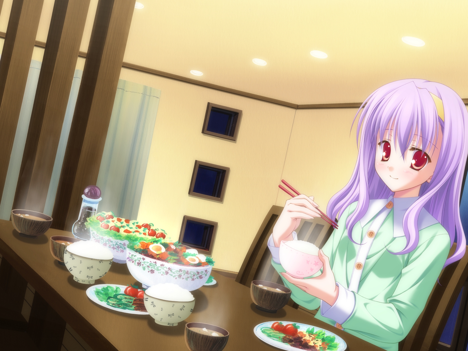 food, game_cg, purple_hair, red_eyes, valentine_pink, yamabuki_renge_(canvas)