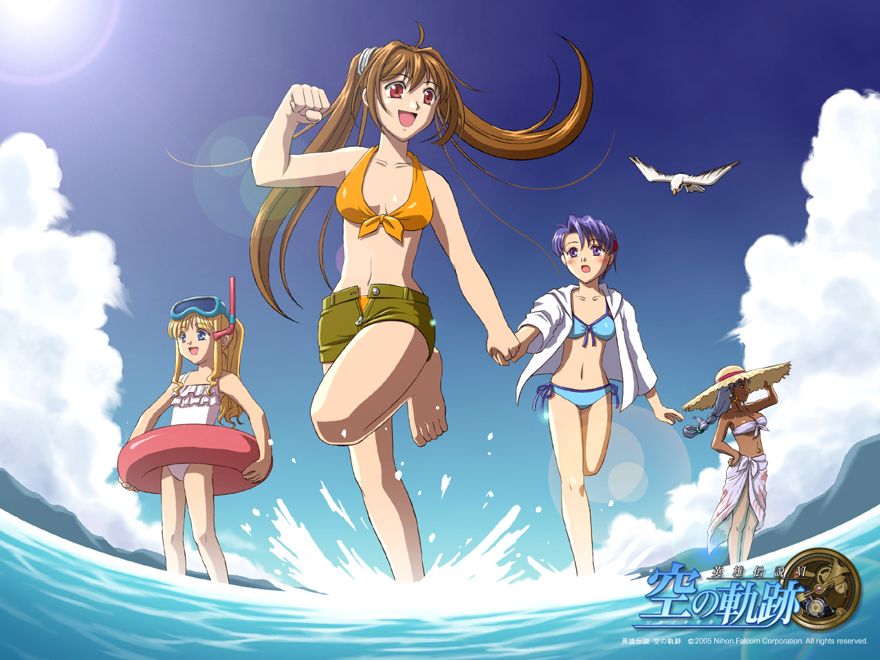 animal, barefoot, bikini, bird, blonde_hair, blue_eyes, blue_hair, brown_hair