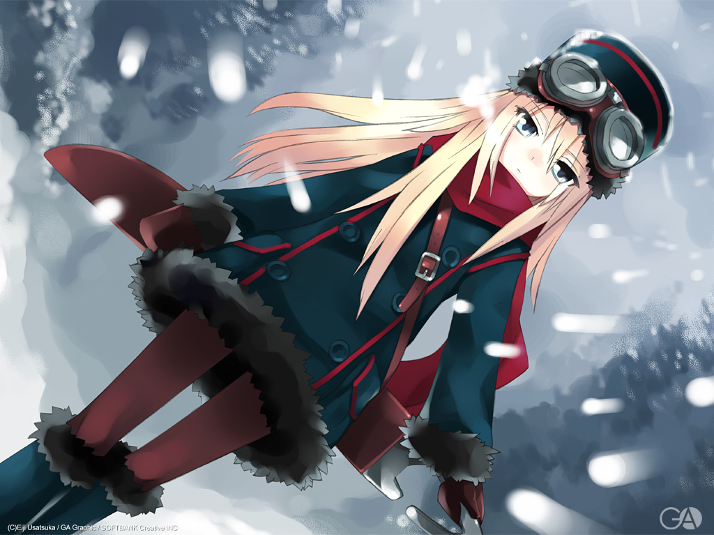 blonde_hair, blue_eyes, gagraphic, goggles, hat, logo, long_hair, scarf, snow, usatsuka_eiji, watermark