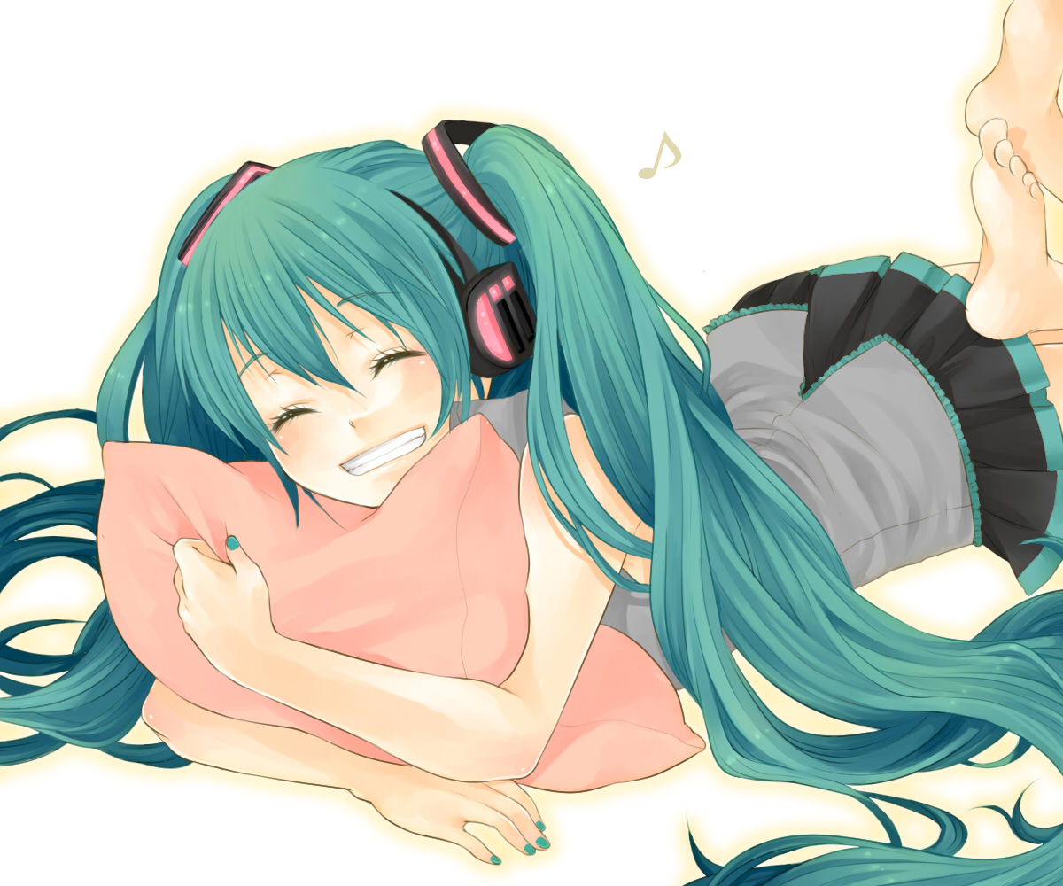 hatsune_miku, headphones, nemutagari, twintails, vocaloid, white
