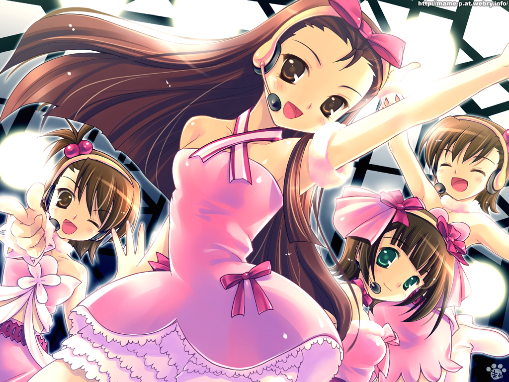 amami_haruka, brown_eyes, brown_hair, futami_ami, futami_mami, green_eyes, headphones, idolmaster