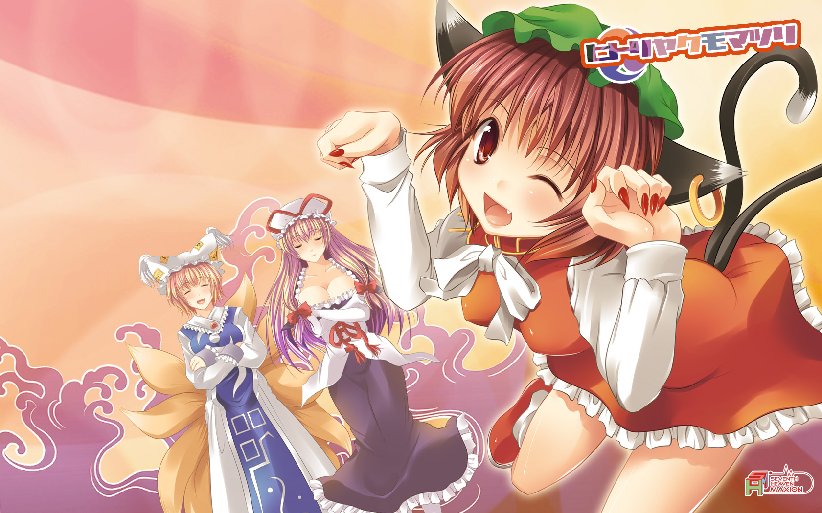 animal_ears, blonde_hair, breasts, brown_hair, catgirl, chen, cleavage, dress, fang, foxgirl, hat, long_hair, maki_(artist), multiple_tails, purple_hair, ribbons, short_hair, tail, touhou, wink, yakumo_ran, yakumo_yukari