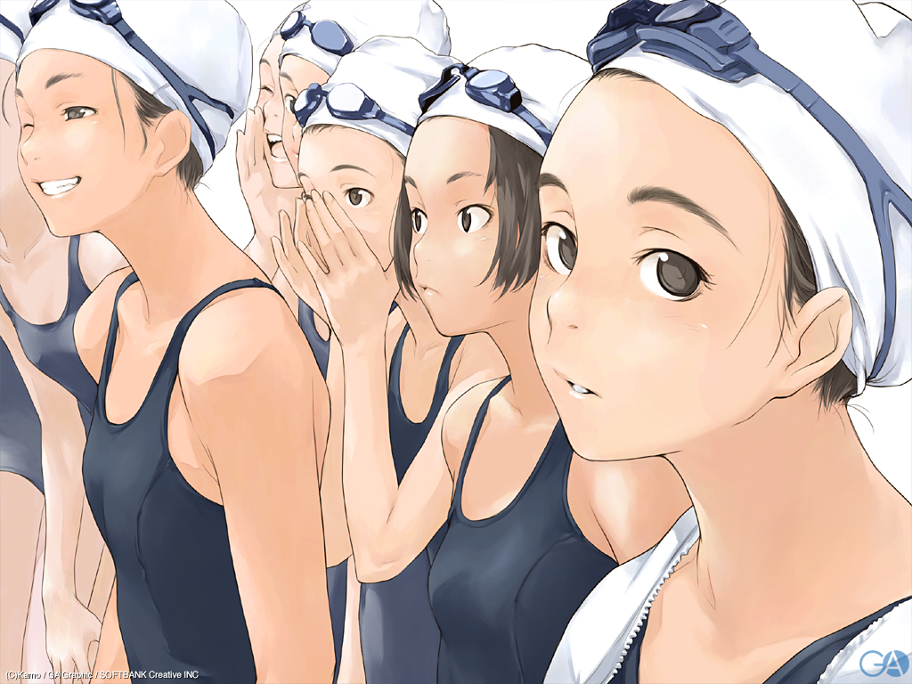 gagraphic, goggles, group, kamo_(gafas), logo, school_swimsuit, swimsuit, watermark