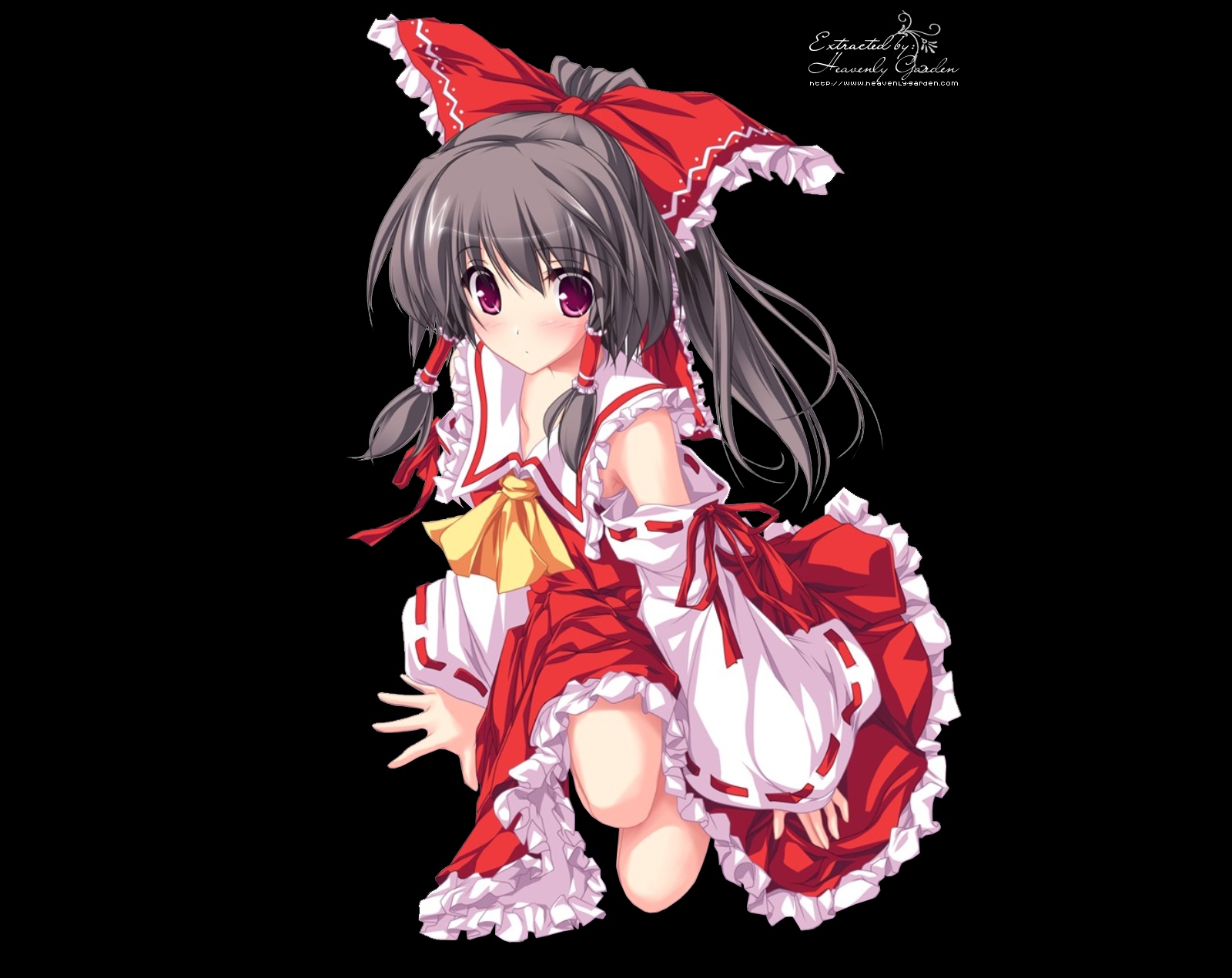 black_hair, blush, hakurei_reimu, japanese_clothes, long_hair, miko, purple_eyes, ribbons, sumi, touhou, transparent