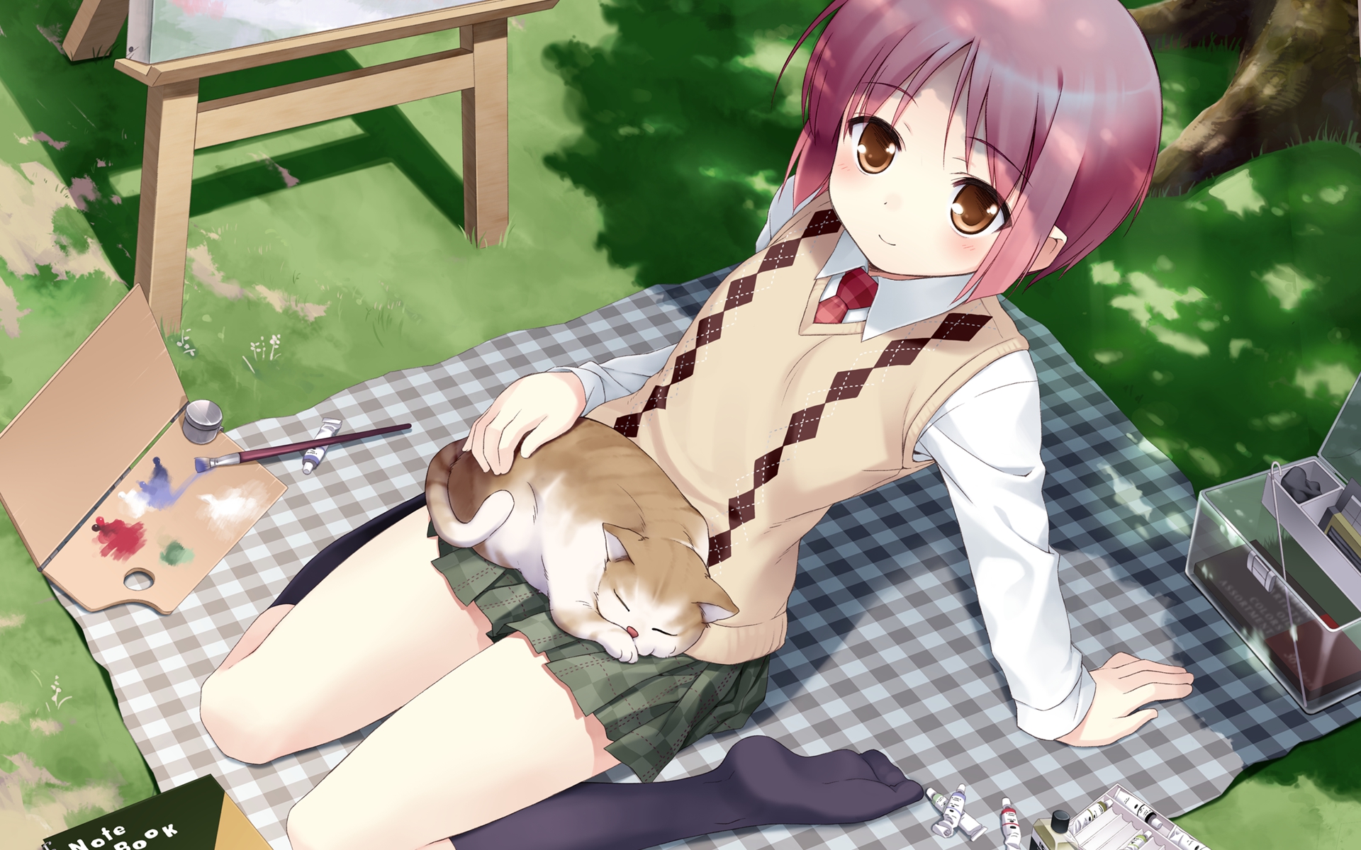 akino_momiji, animal, b.k, book, brown_eyes, cat, grass, kneehighs, pink_hair, sakura_musubi, school_uniform, short_hair, tie