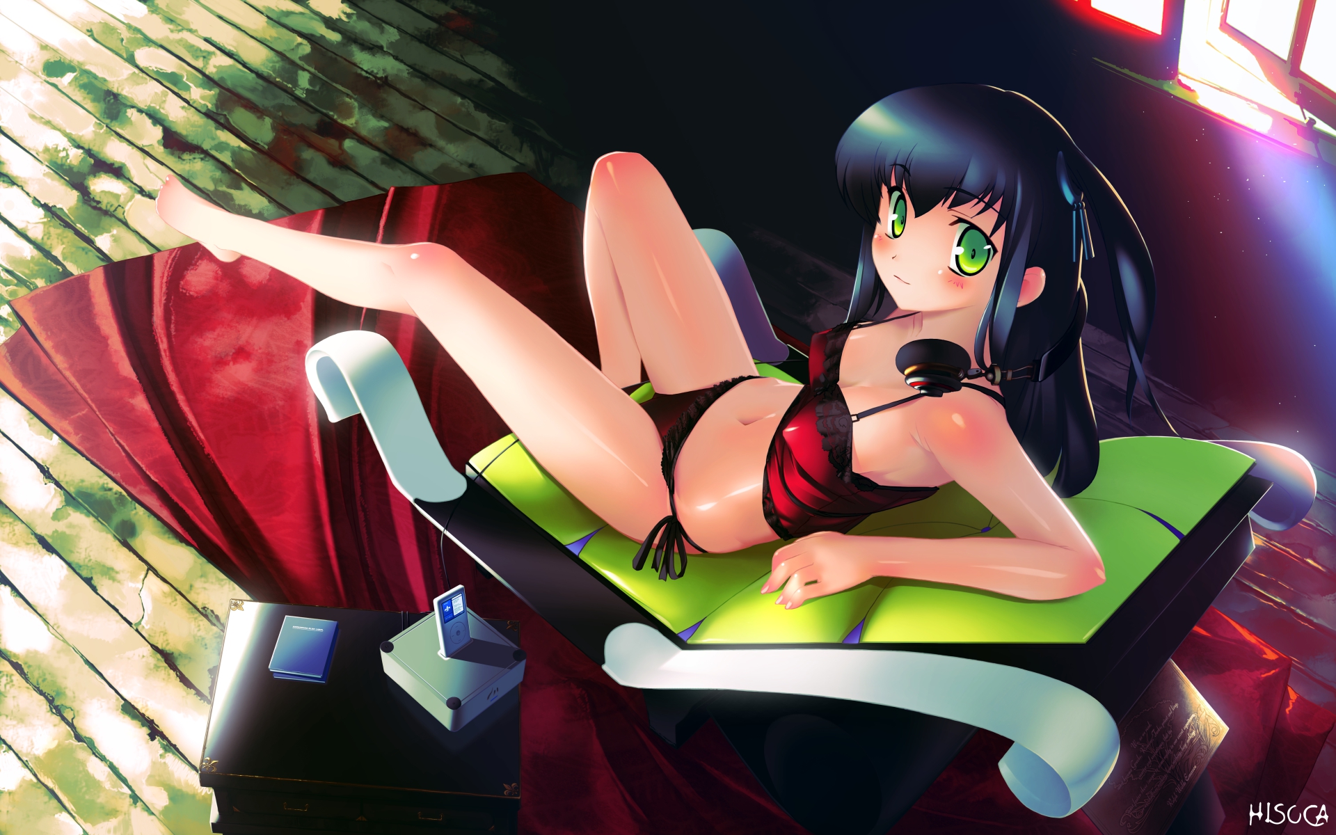 amesarasa, book, chiyokawa_rin, green_eyes, headphones, hisoca, ipod, navel, panties, underwear