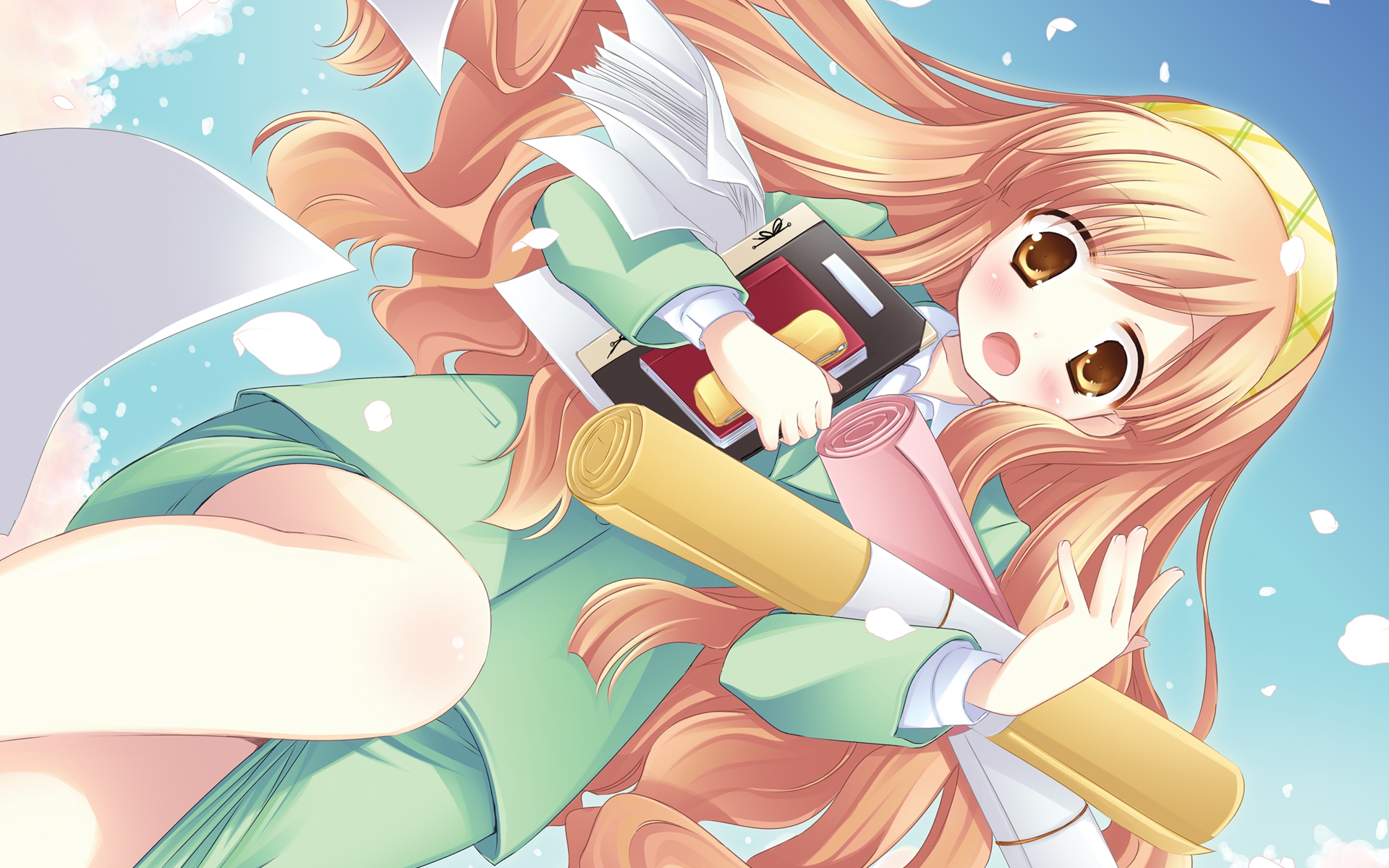 blush, garden_(galge), long_hair, natsume_eri, orange_hair, petals, rindou_mana, yellow_eyes
