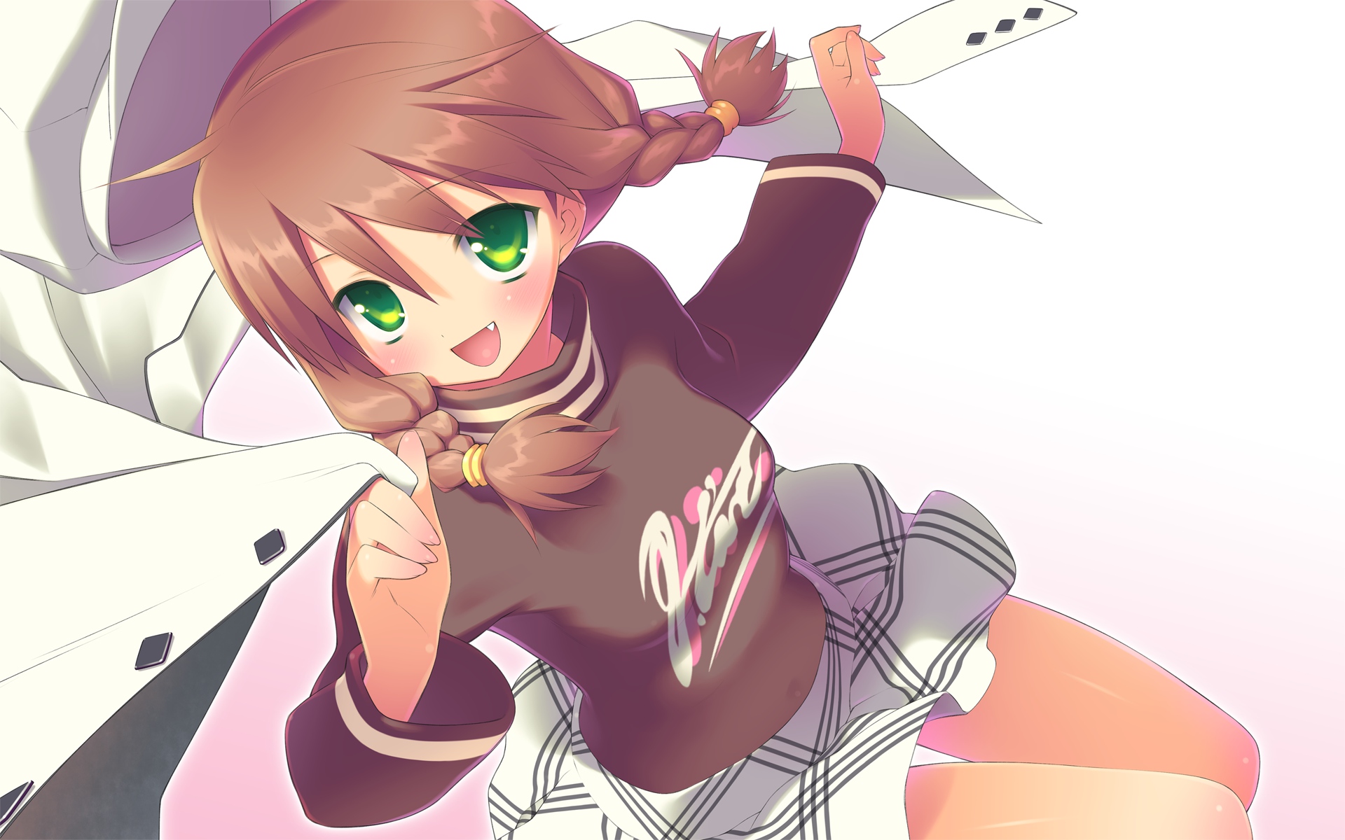 blush, brown_hair, fang, garden_(galge), gayarou, green_eyes, hoshino_erika, skirt
