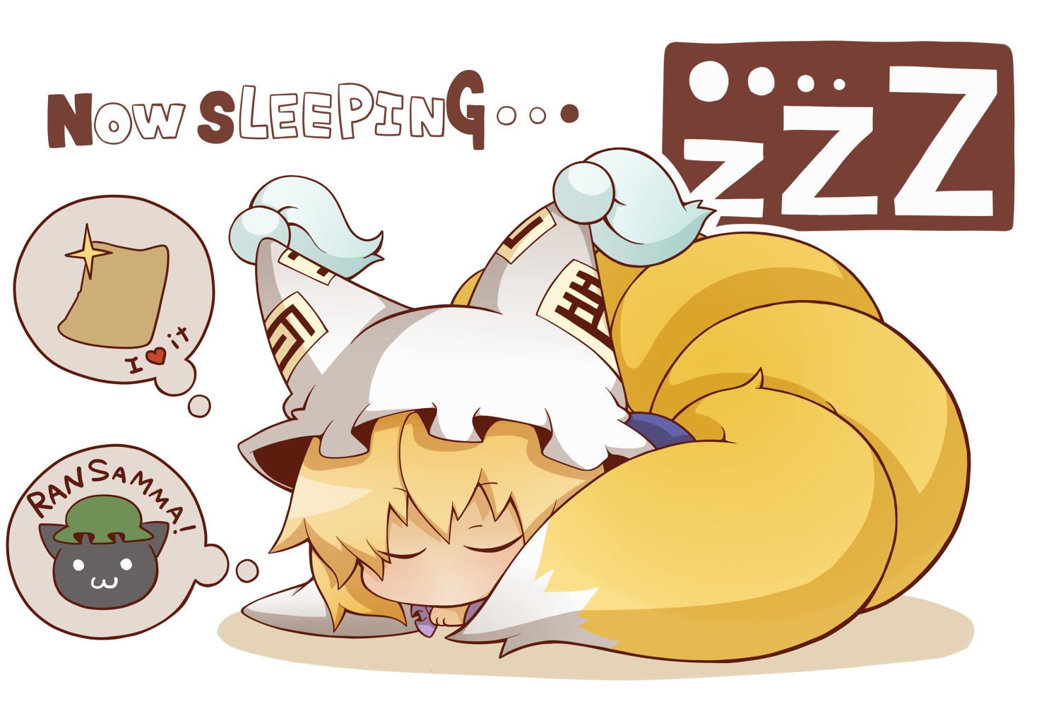 animal, animal_ears, blonde_hair, cat, chen, foxgirl, gurageida, hat, multiple_tails, short_hair, sleeping, tail, touhou, white, yakumo_ran