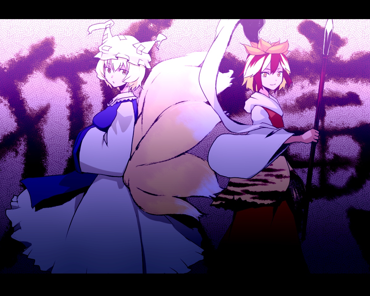animal_ears, blonde_hair, dress, foxgirl, hat, red_hair, short_hair, tail