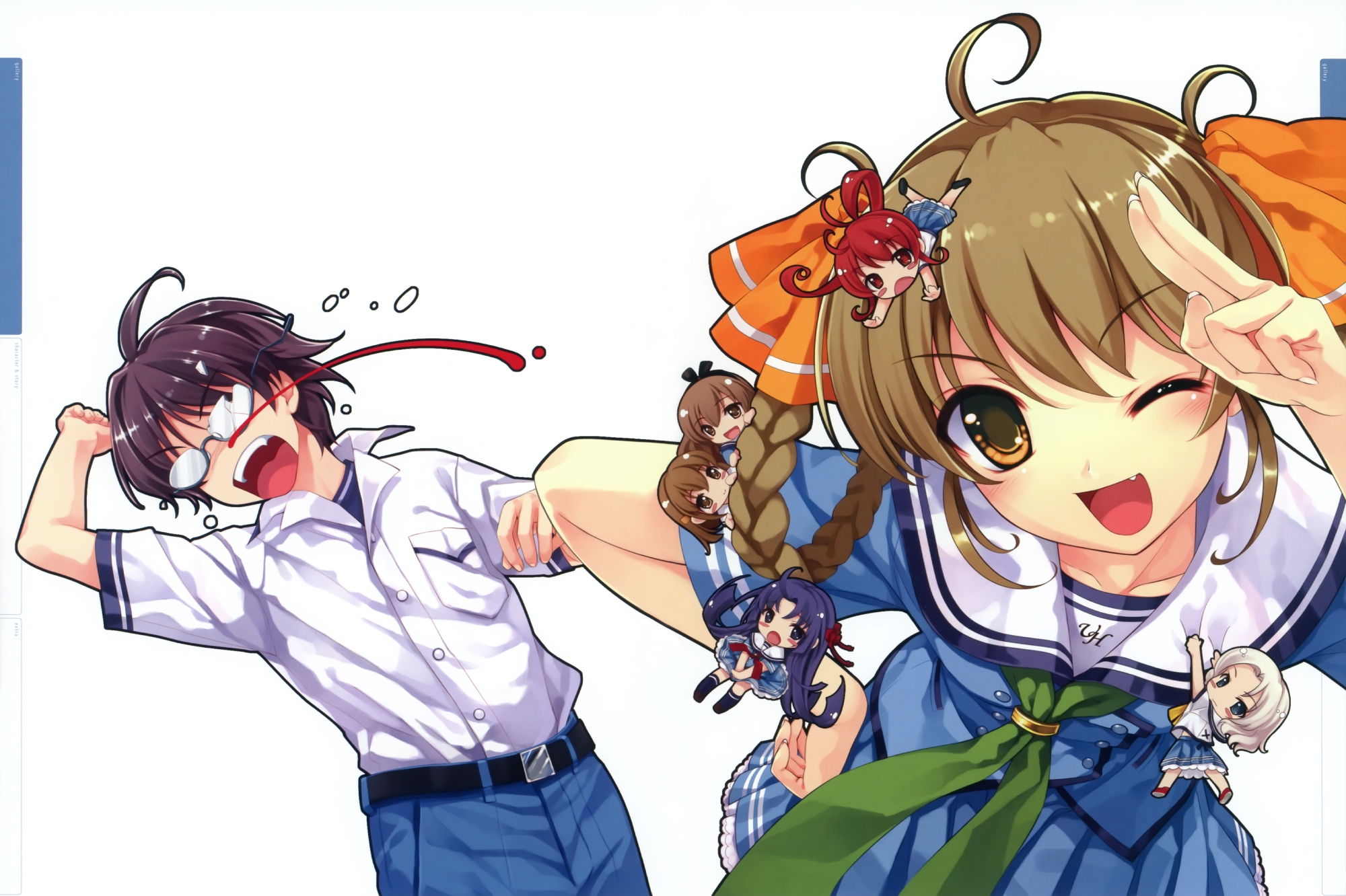 abhar, blood, blue_eyes, blue_hair, blush, braids, brown_eyes, brown_hair