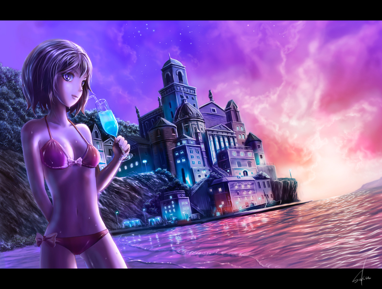 bikini, building, navel, original, saku_(saku9595), scenic, sky, stars