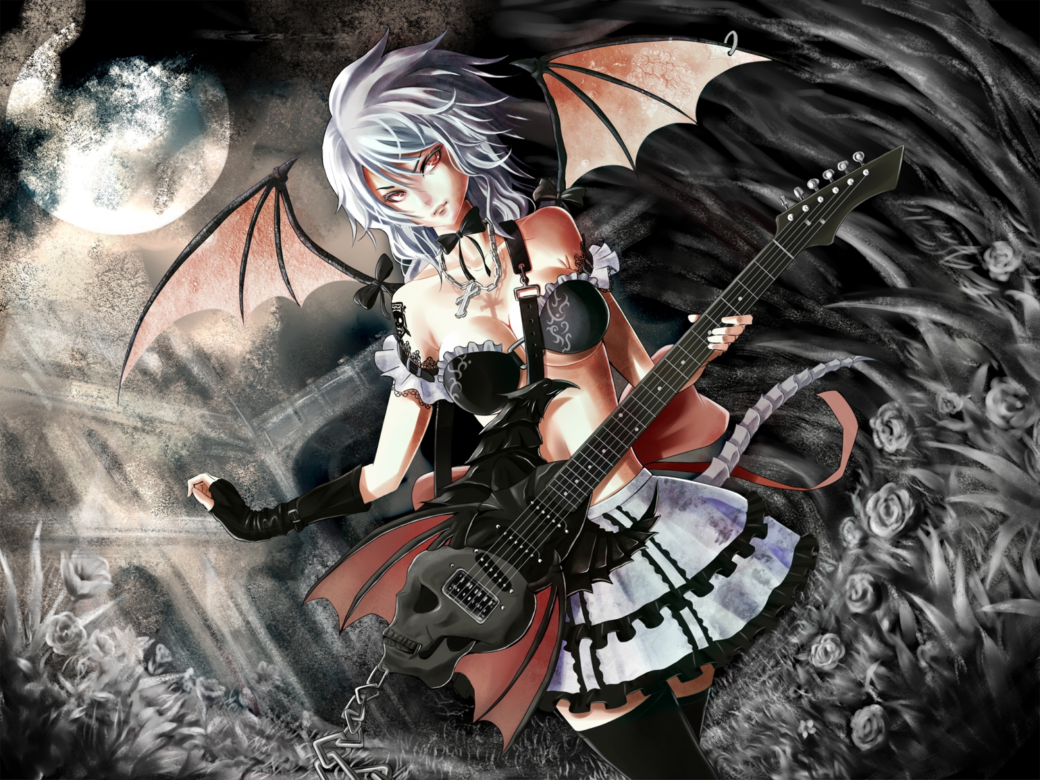 gray_hair, guitar, instrument, moon, red_eyes, remilia_scarlet, saku_(saku9595), thighhighs, touhou, wings, zettai_ryouiki