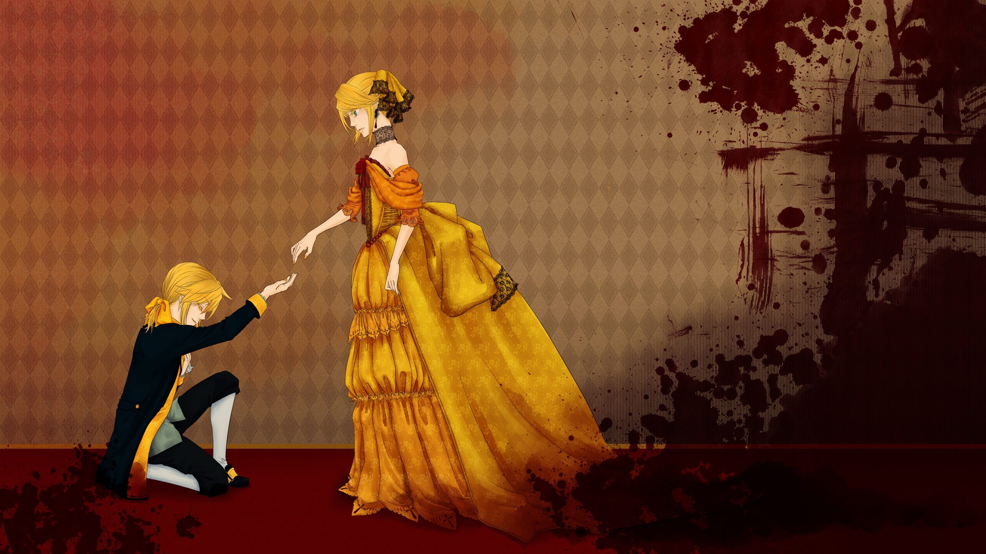 aku_no_meshitsukai_(vocaloid), aku_no_musume_(vocaloid), blood, kagamine_len, kagamine_rin, male, vocaloid