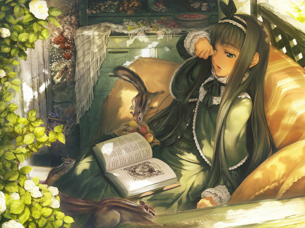 animal, black_hair, book, dress, flowers, food, fruit, goth-loli