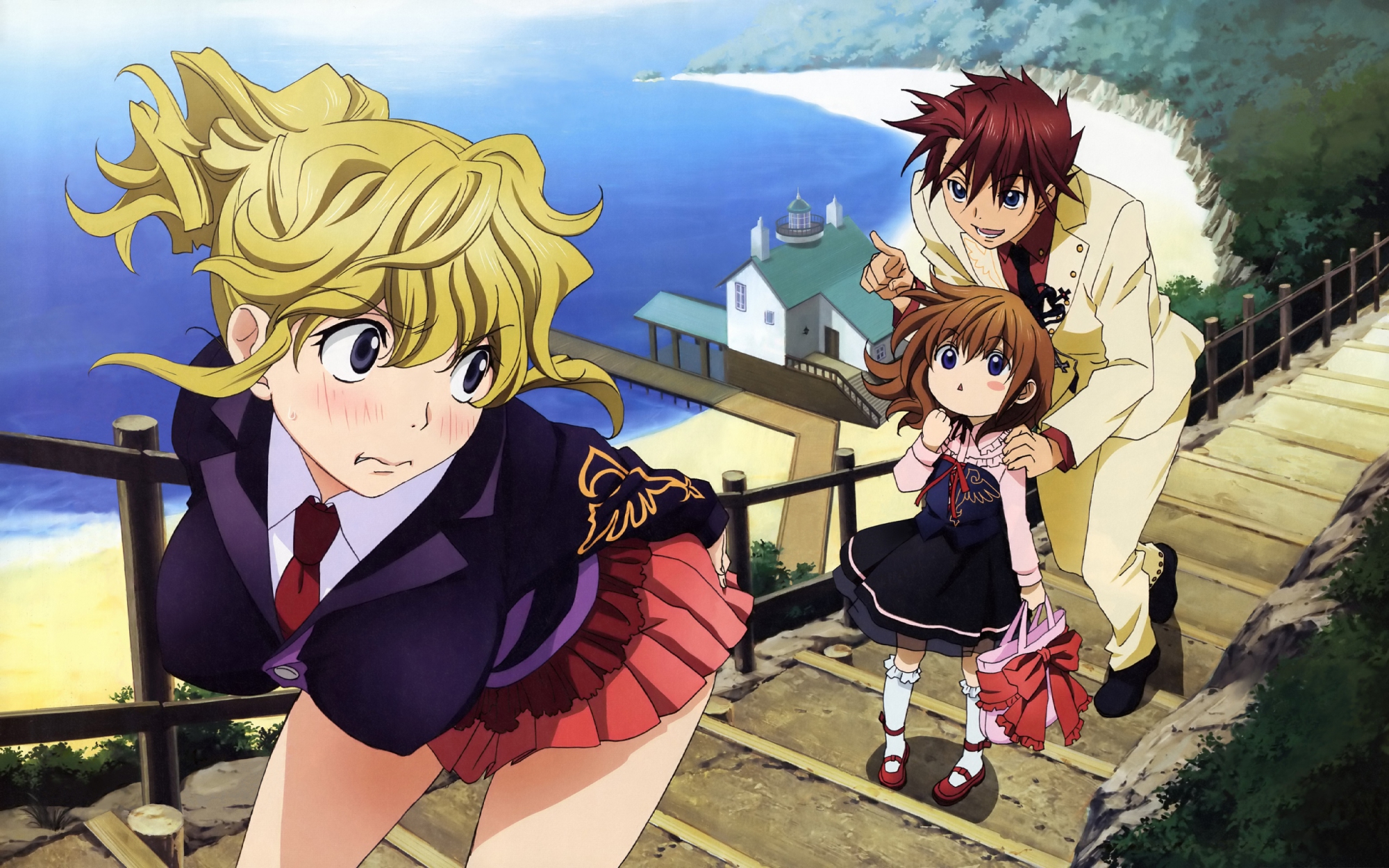 blonde_hair, blue_eyes, brown_hair, loli, male, red_hair, school_uniform, skirt, umineko_no_naku_koro_ni, ushiromiya_battler, ushiromiya_jessica, ushiromiya_maria