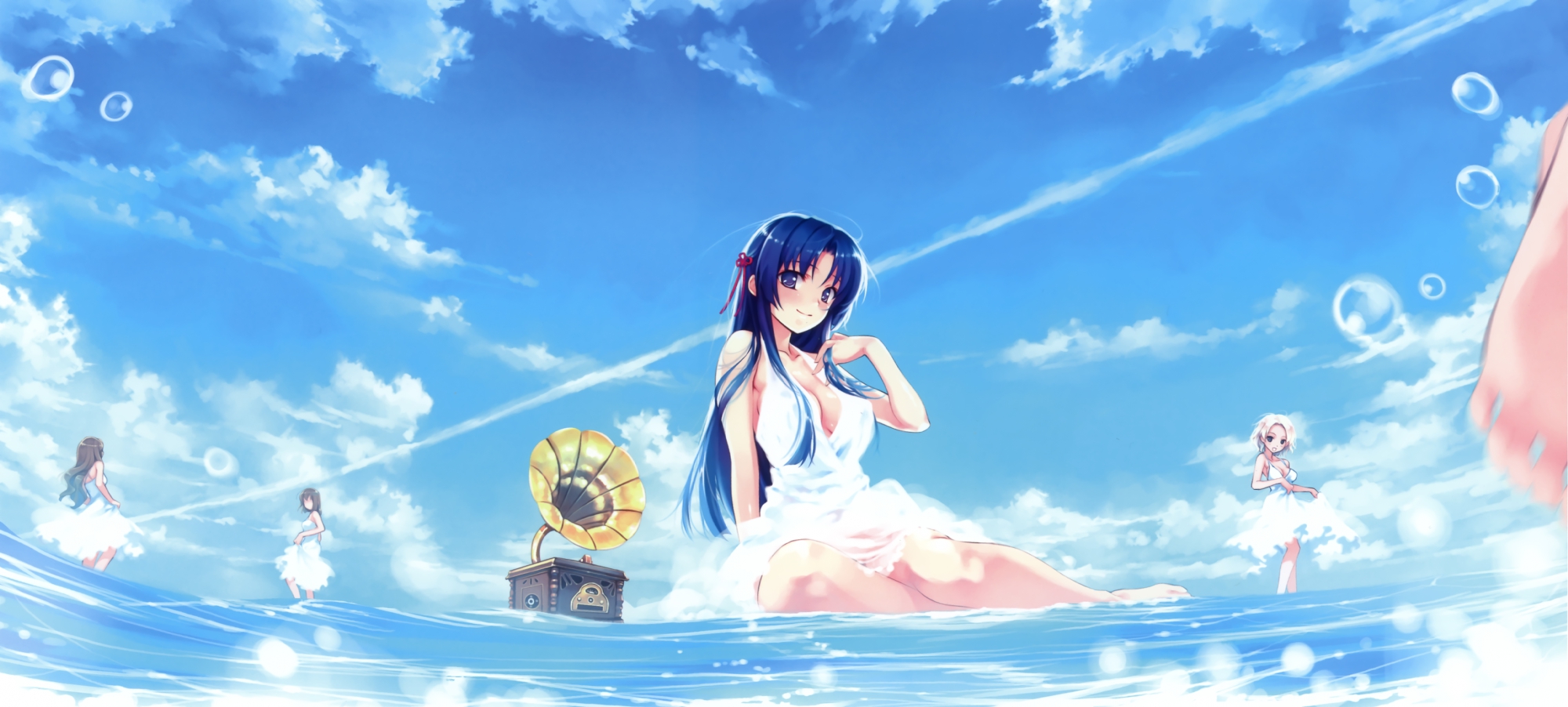 abhar, blue_eyes, blue_hair, blush, breasts, brown_hair, cleavage, clouds