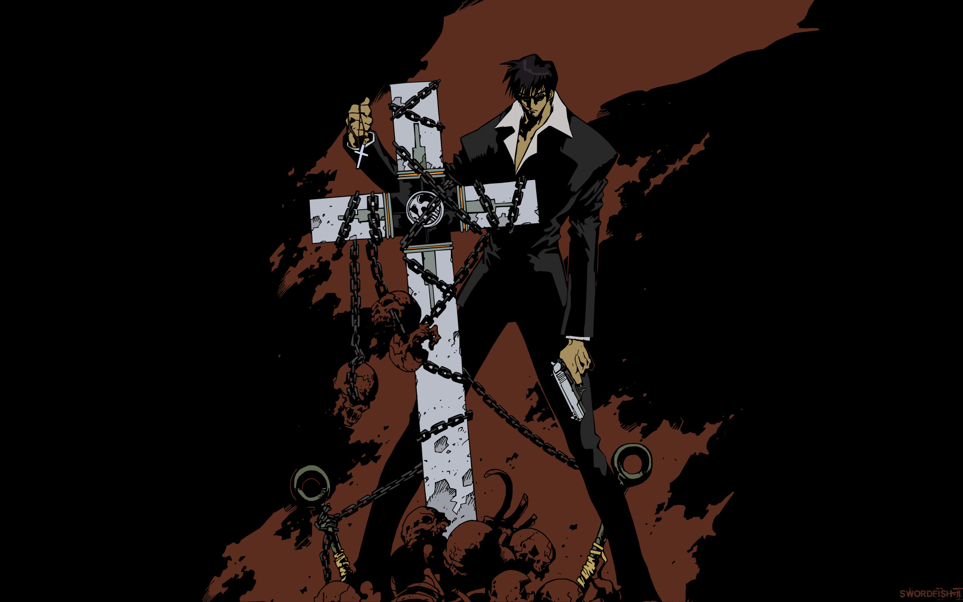 cross, gun, nicholas_d_wolfwood, sunglasses, trigun, weapon