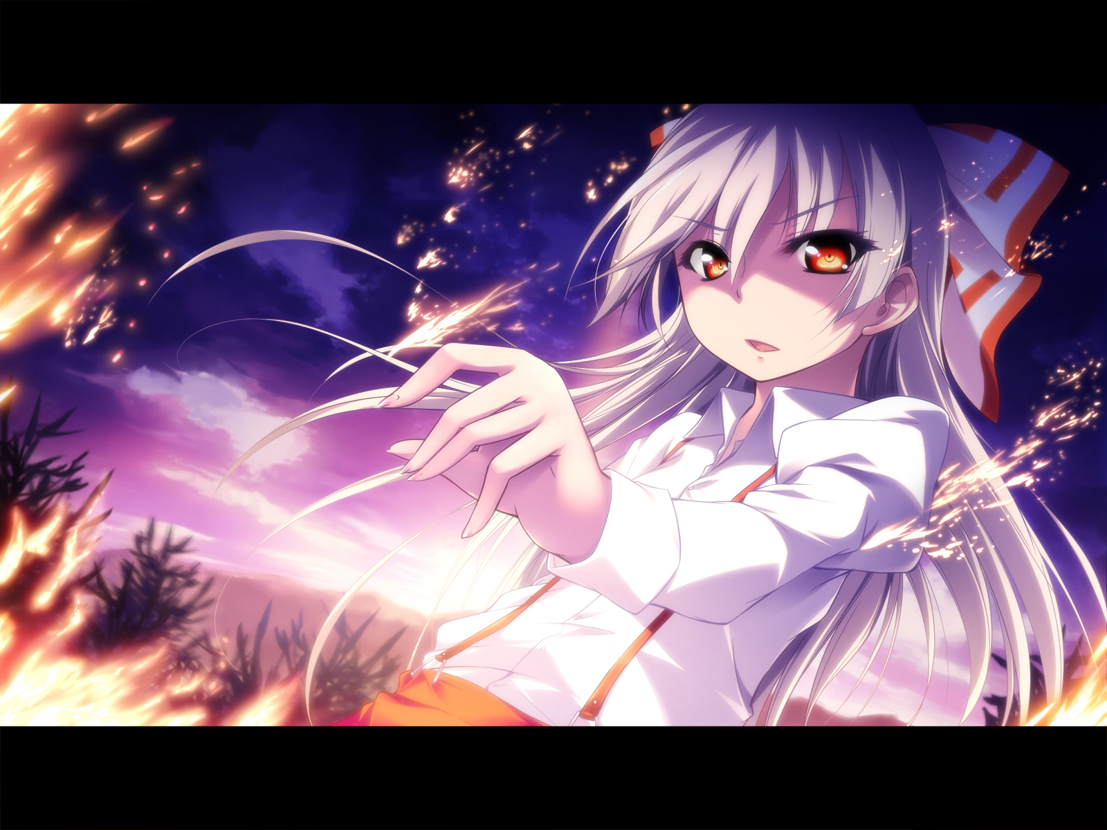 fire, fujiwara_no_mokou, kazakura, red_eyes, ribbons, sky, touhou, white_hair